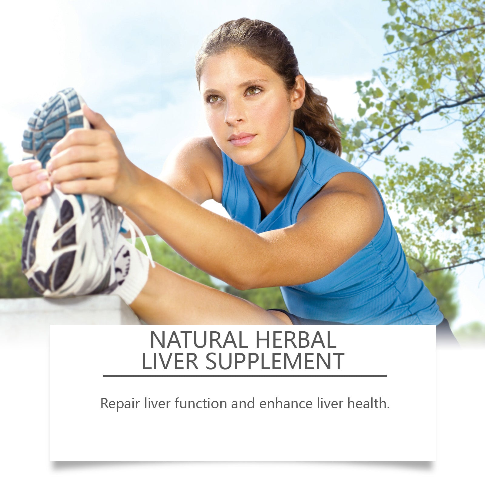 Young woman in athletic wear jogging outdoors with autumn leaves, product packaging visible beside her