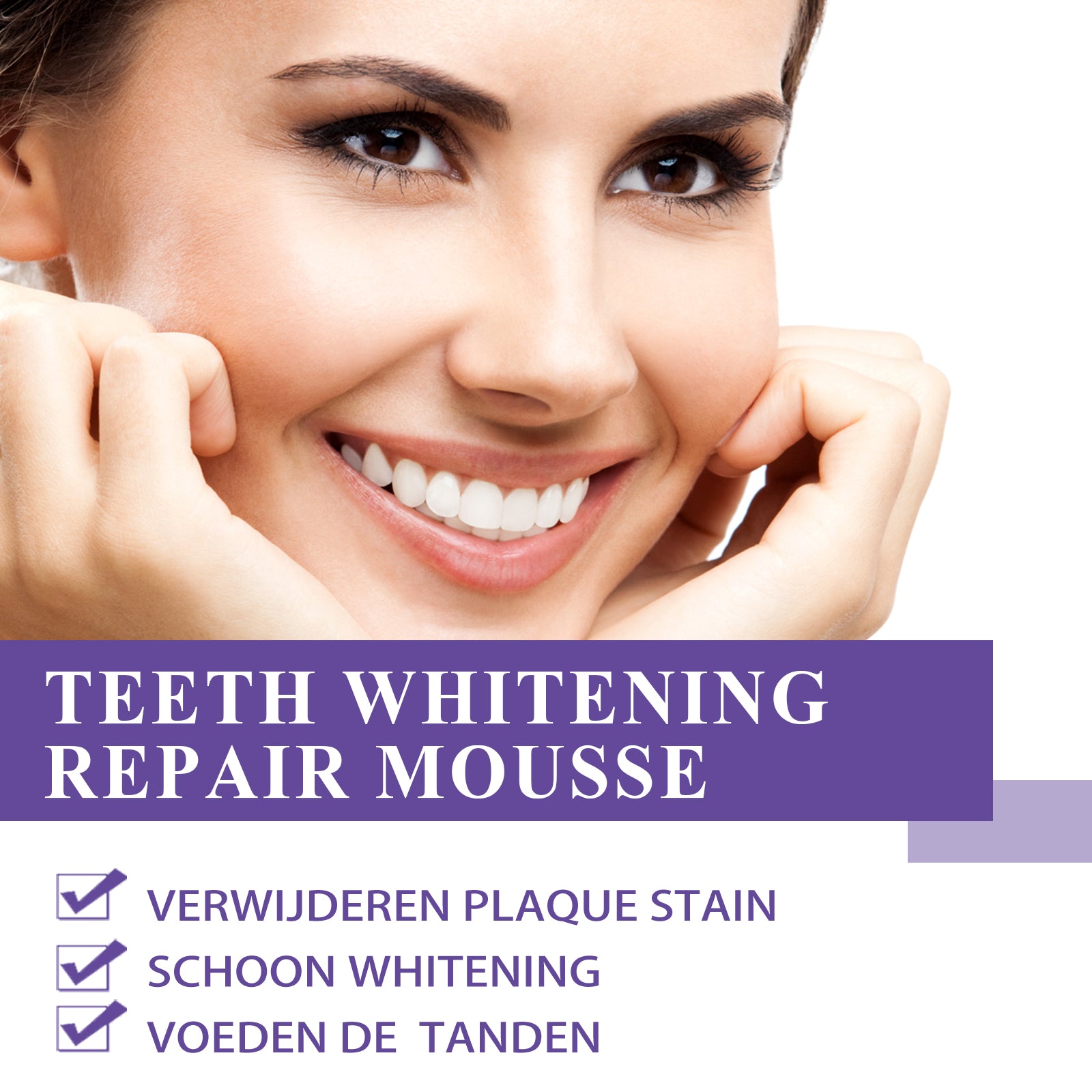 Close-up of woman's bright white teeth with checklist of benefits: plaque stain removal, quick whitening, gum care