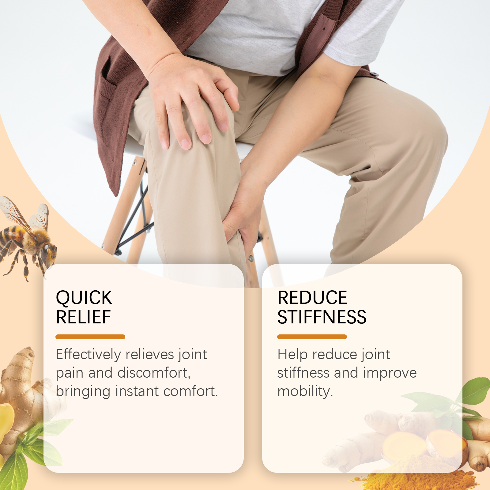 Two-panel lifestyle comparison: left shows knee pain relief messaging with man touching knee, right shows woman in yoga pose with stiffness reduction claim