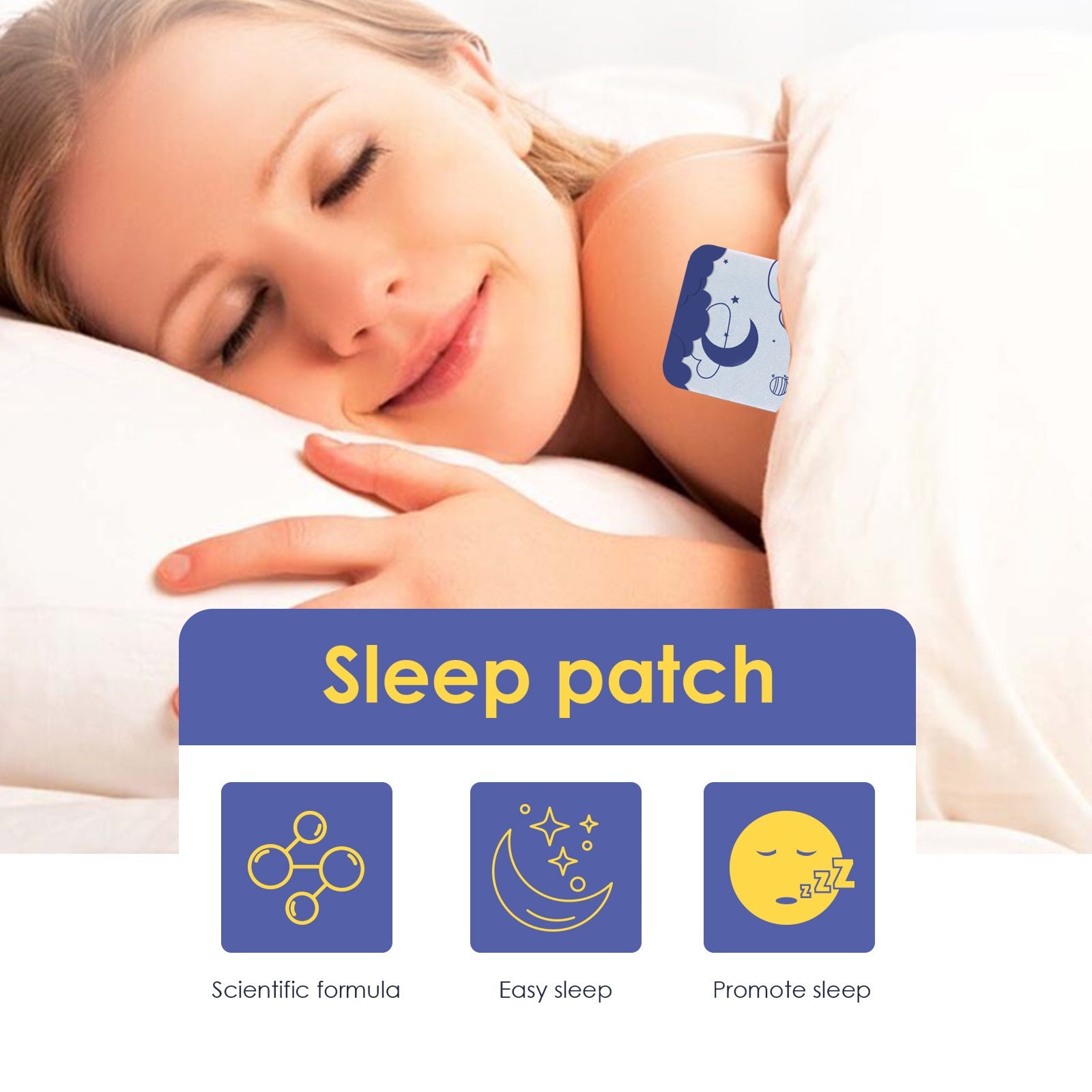 Close-up of sleeping woman with blue-and-white moon patch on arm, three benefit icons below: Scientific formula, Easy sleep, Promote sleep