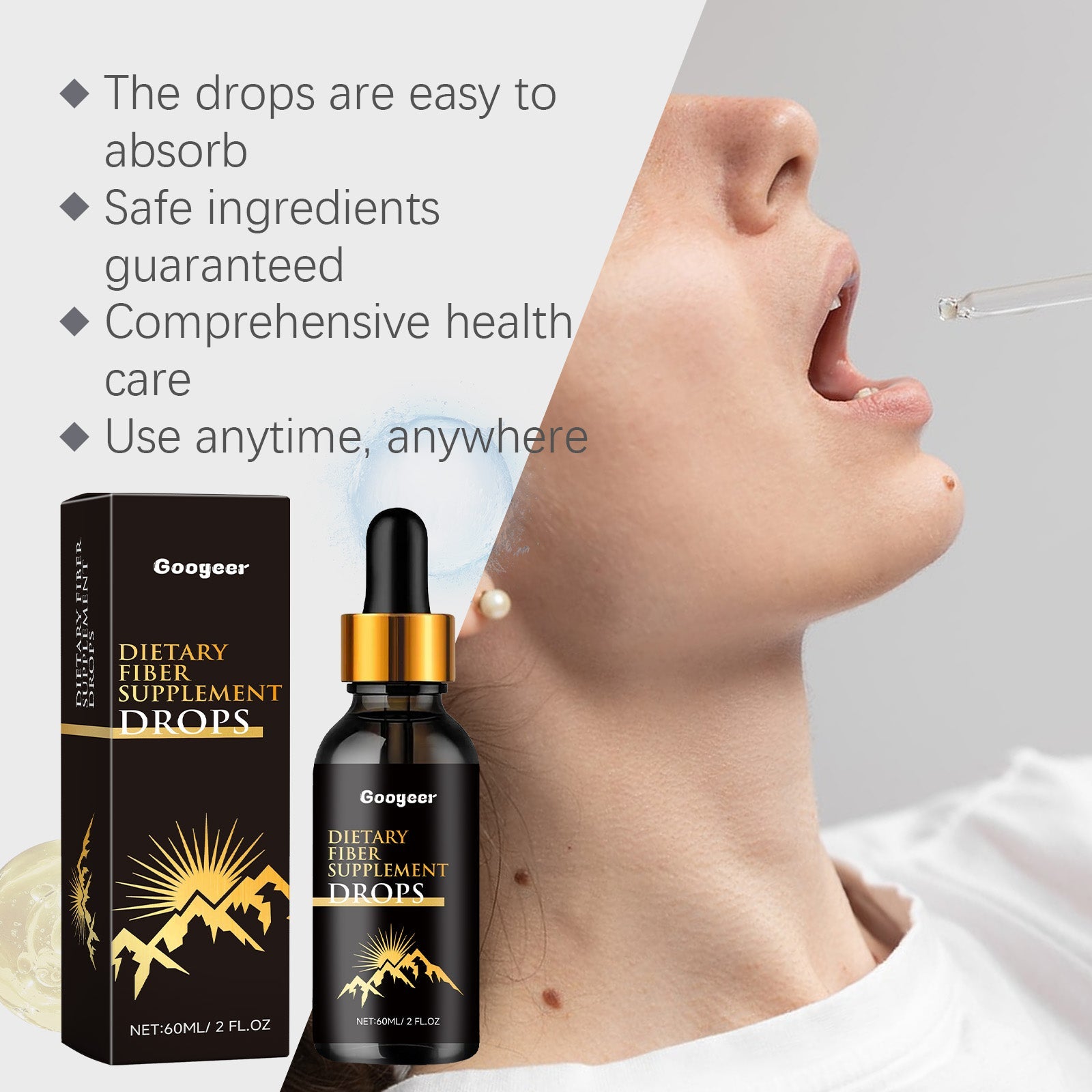 Product bottle with claims text overlay listing ease of absorption, safe ingredients, comprehensive care, and anytime use; side profile of woman's neck and chin with dropper bottle positioned nearby