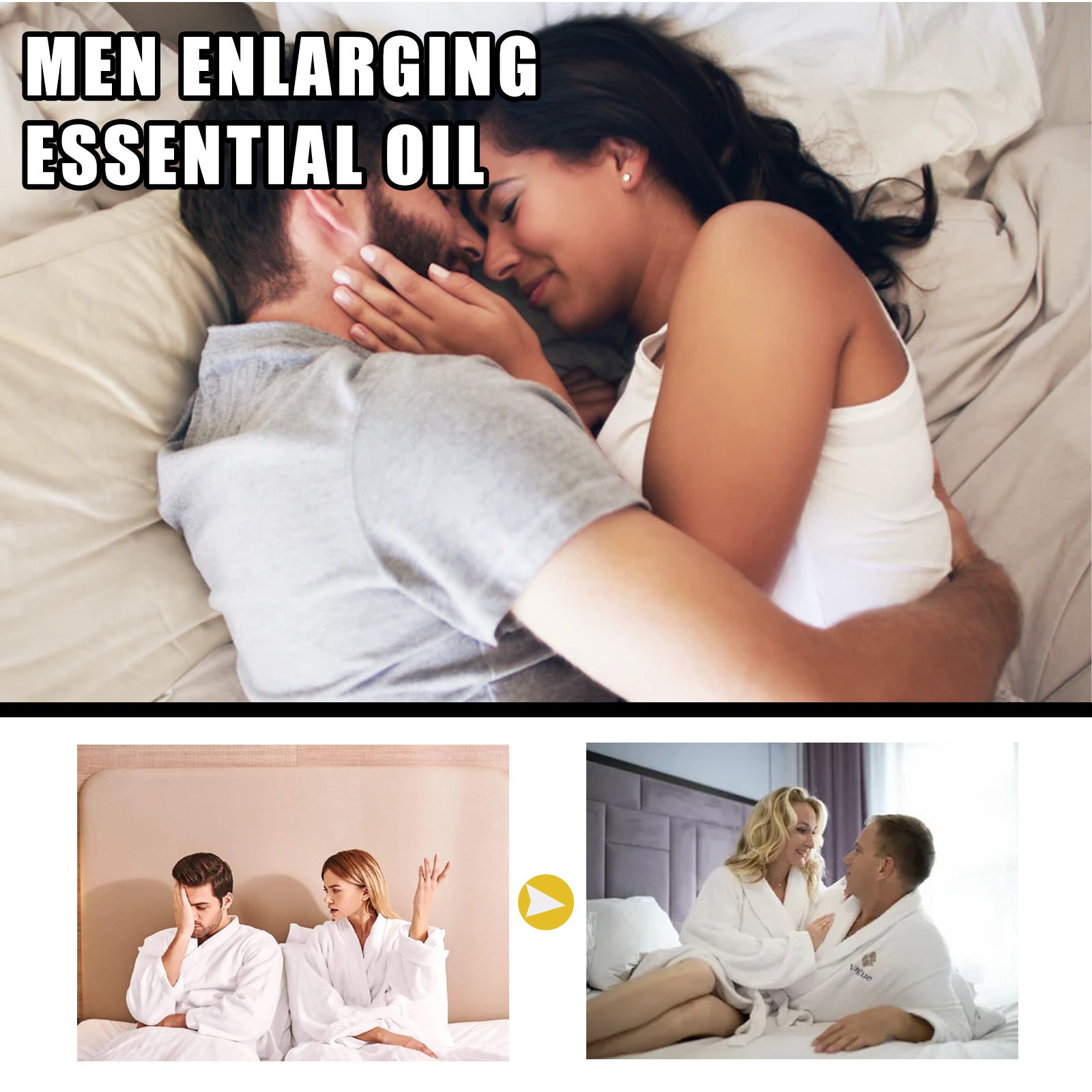 Muscular male torso with product bottle and box on fiery background, yellow-framed couple photos showing satisfaction