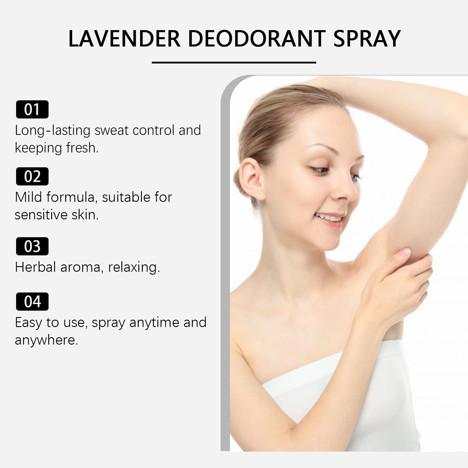 Woman applying spray to underarm with four numbered benefit claims: sweat control, mild formula, herbal aroma, easy use