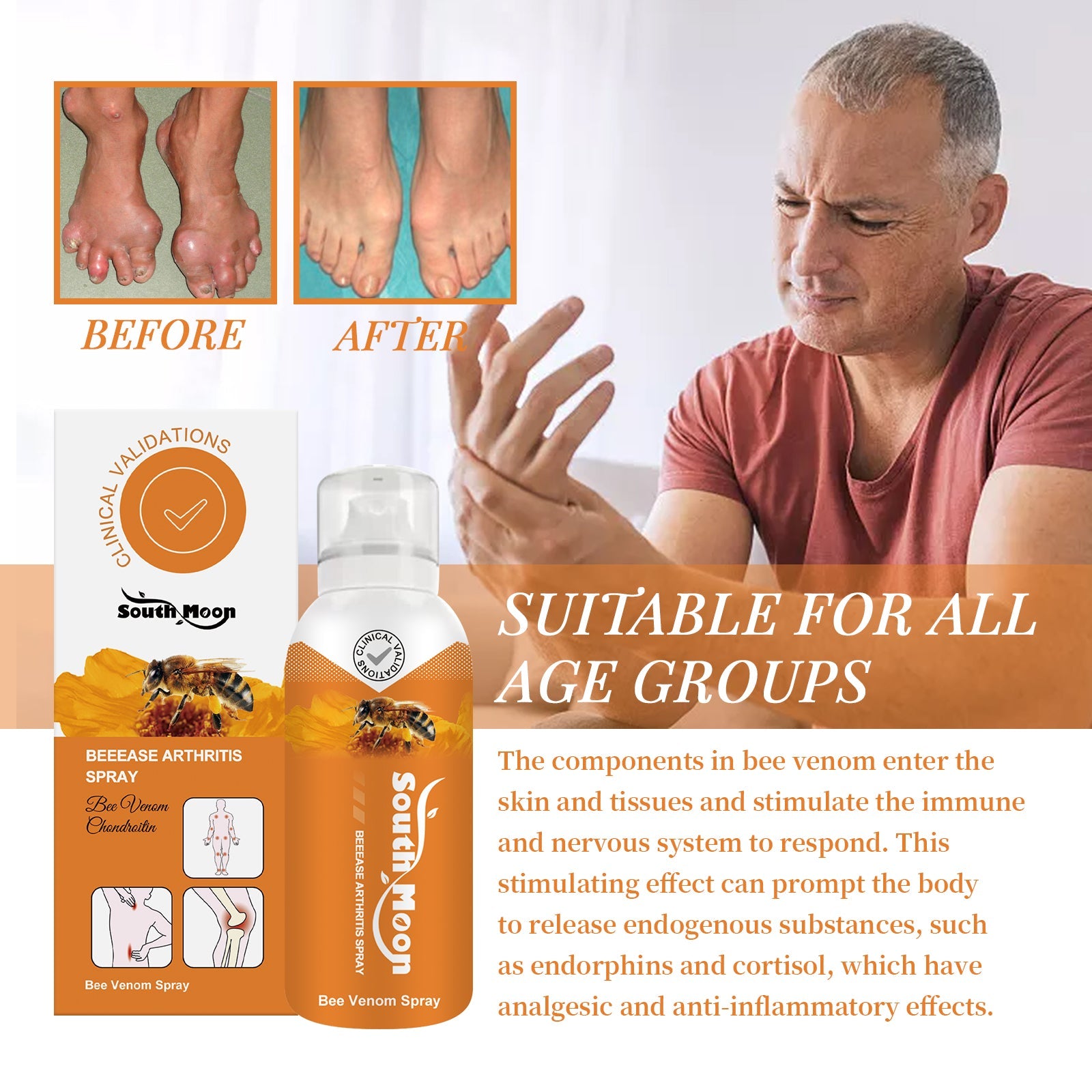Swollen feet before/after comparison paired with male demonstrating pain relief and ease of use