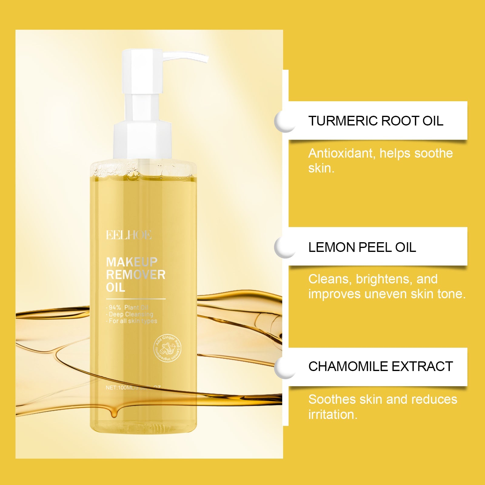 Product bottle with ingredient callouts labeled: Turmeric Root Oil (antioxidant, helps soothe skin), Lemon Peel Oil (cleans, brightens, improves uneven tone), Chamomile Extract (soothes, reduces irritation)
