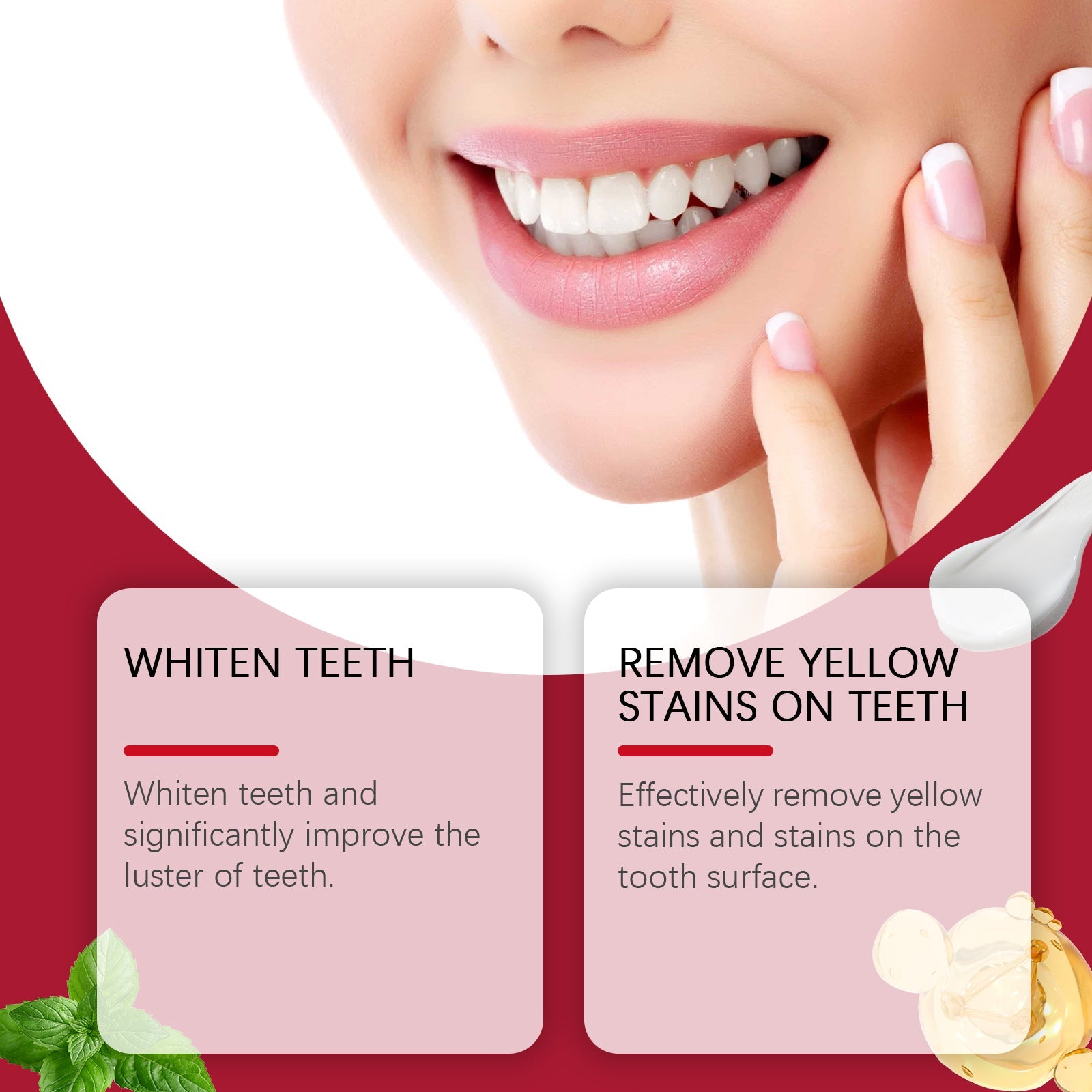 Split-screen showing two benefits: teeth whitening and yellow stain removal with testimonial text and lifestyle imagery