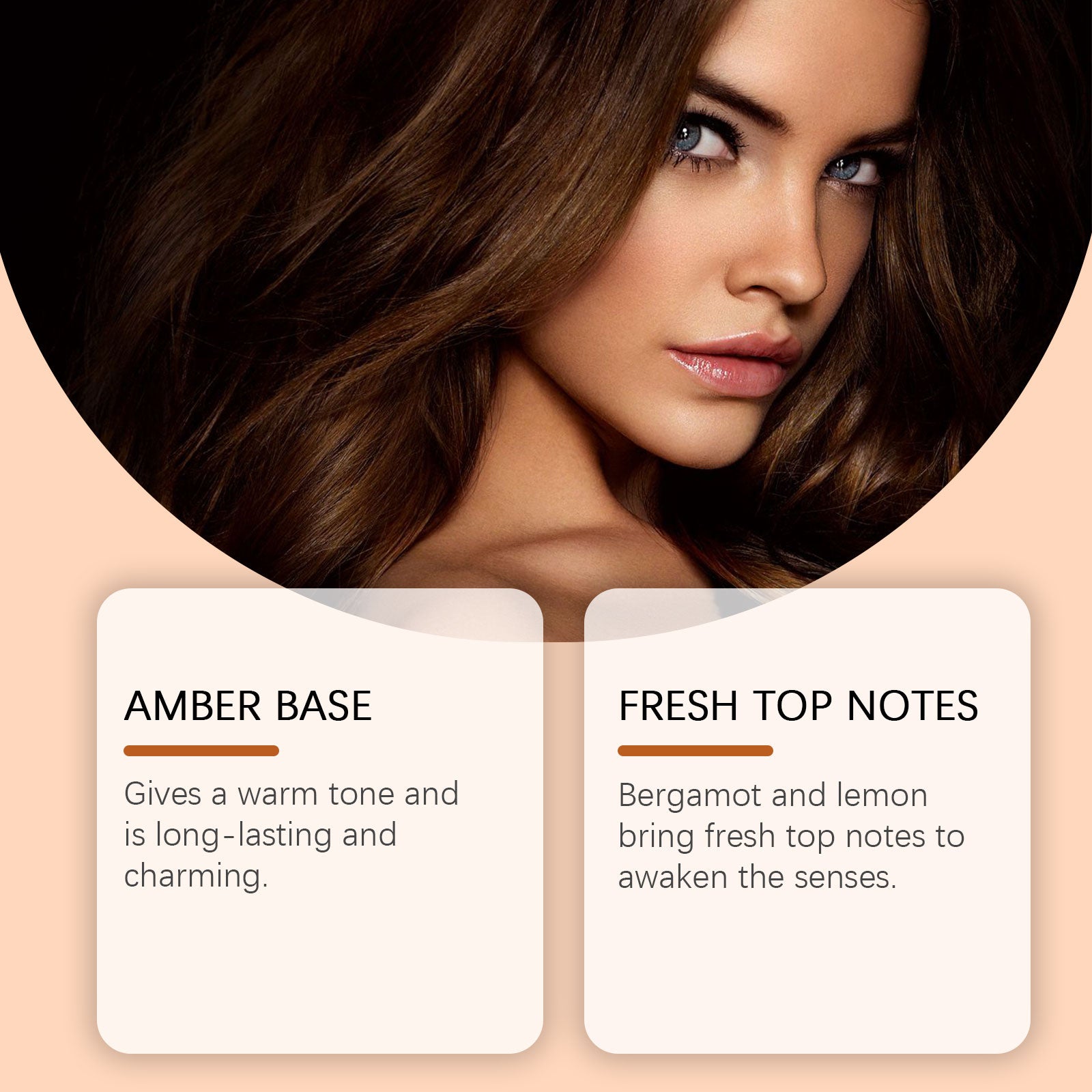 Close-up portrait of woman with natural makeup, flowing brown hair, and serene expression against neutral background with 'Floral Middle Note' text overlay