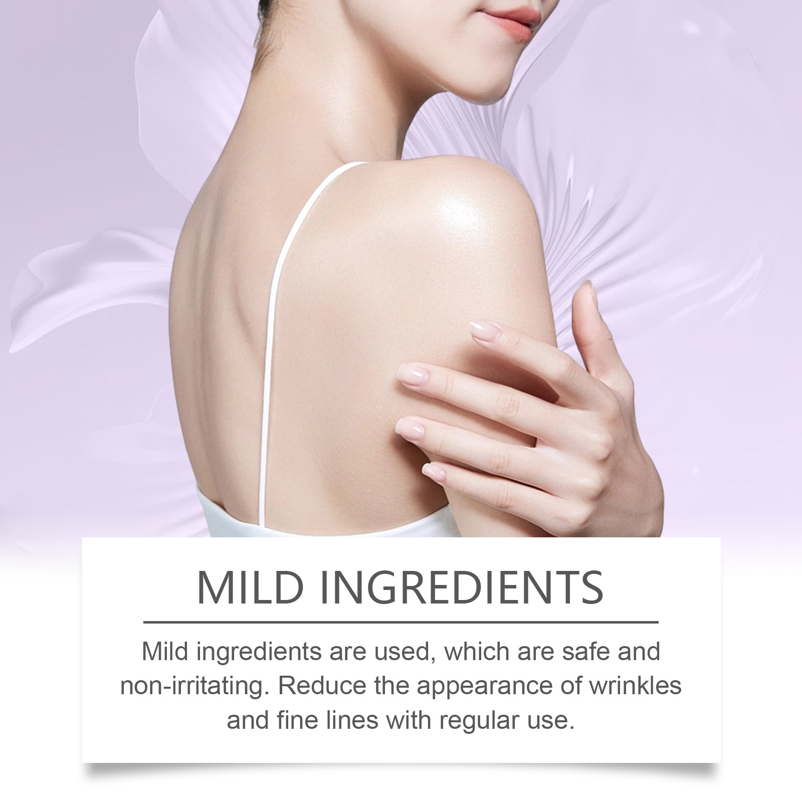 Woman applying serum to shoulder with product benefits highlighted: 'Significant Results' and 'Deep Moisturizing'