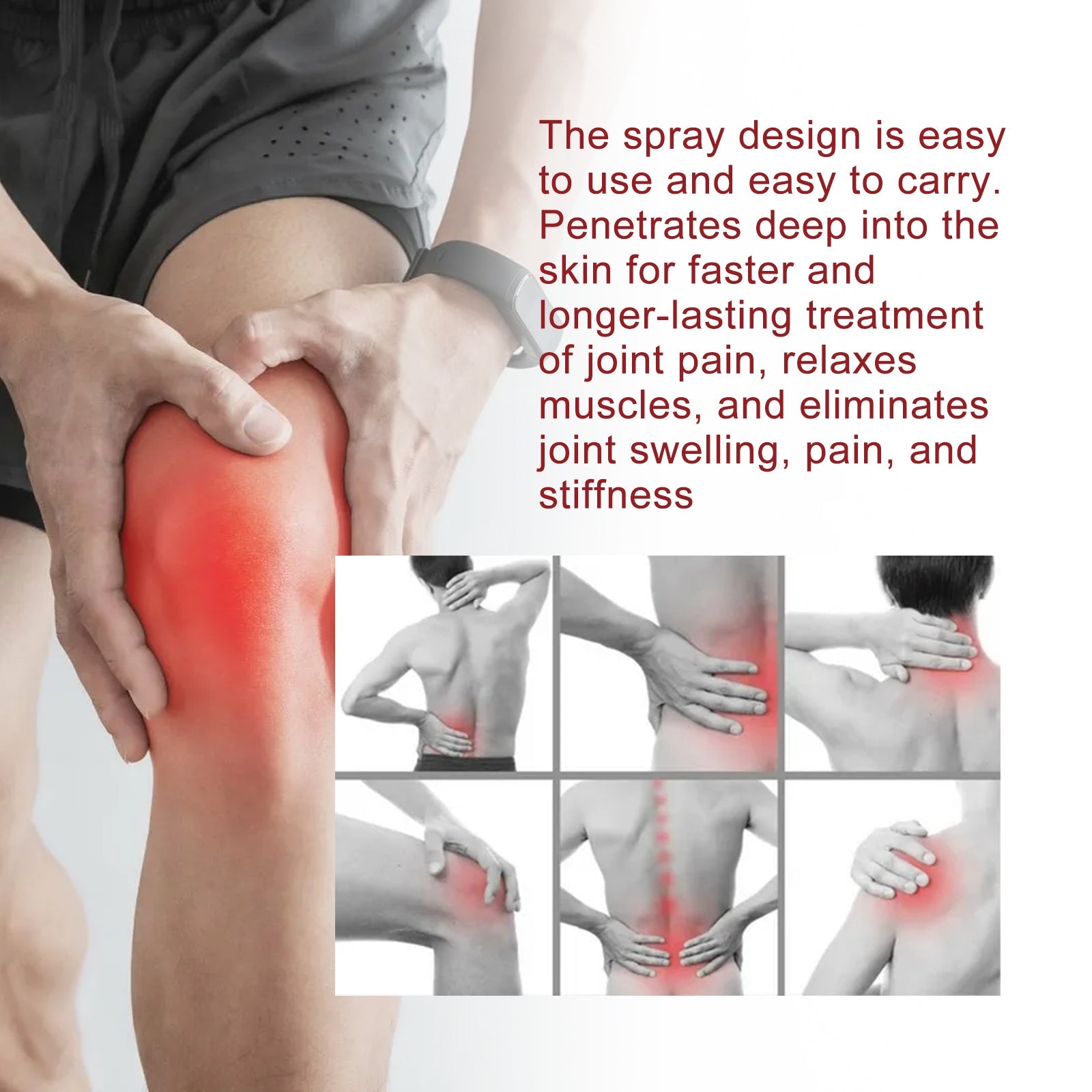 Before/after comparison showing woman with back pain before and relief after, with illuminated spine visualization and product display