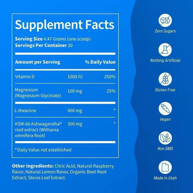 Supplement Facts label showing Vitamin D, Magnesium Glycinate, L-theanine, KSM-66 Ashwagandha with certification badges on right