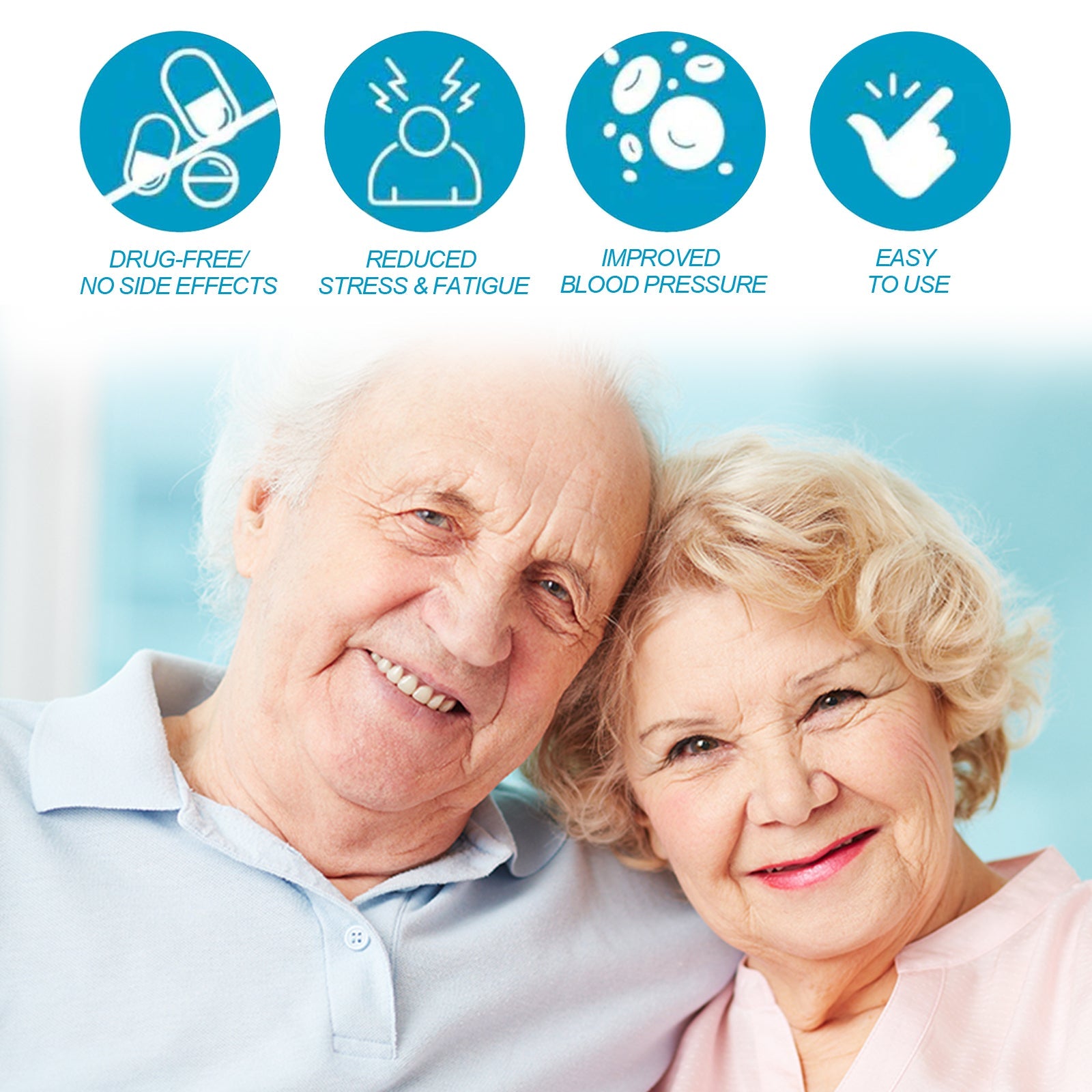 Four benefit icons with descriptive text: drug-free/no side effects, reduced stress & fatigue, improved blood pressure, easy to use