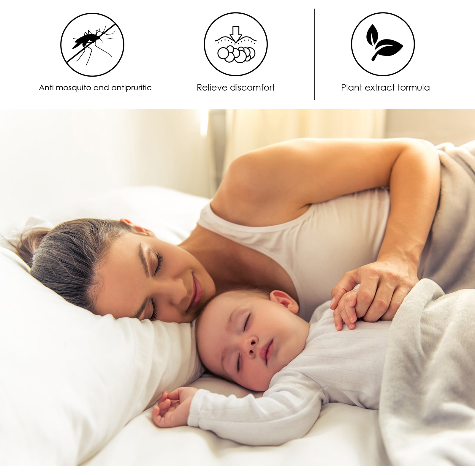 Three benefit icons showing anti-mosquito action, relief from discomfort via water droplets, and plant extract formula with lifestyle image of mother and child sleeping peacefully
