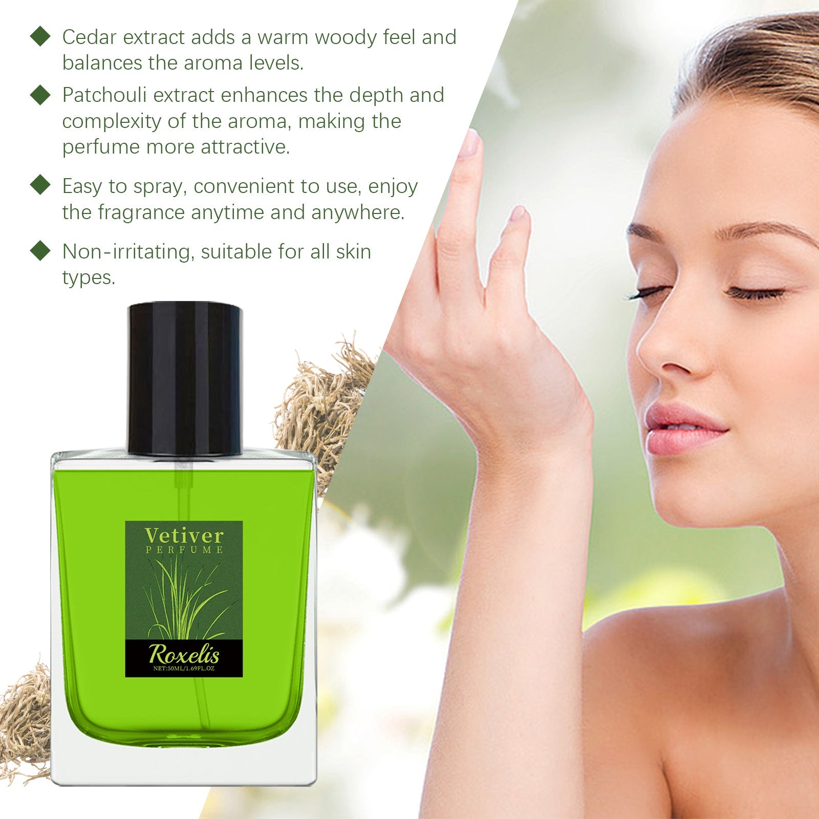 Product bottle with ingredient callouts including cedar extract, patchouli extract, usage benefits, and close-up of woman spraying perfume