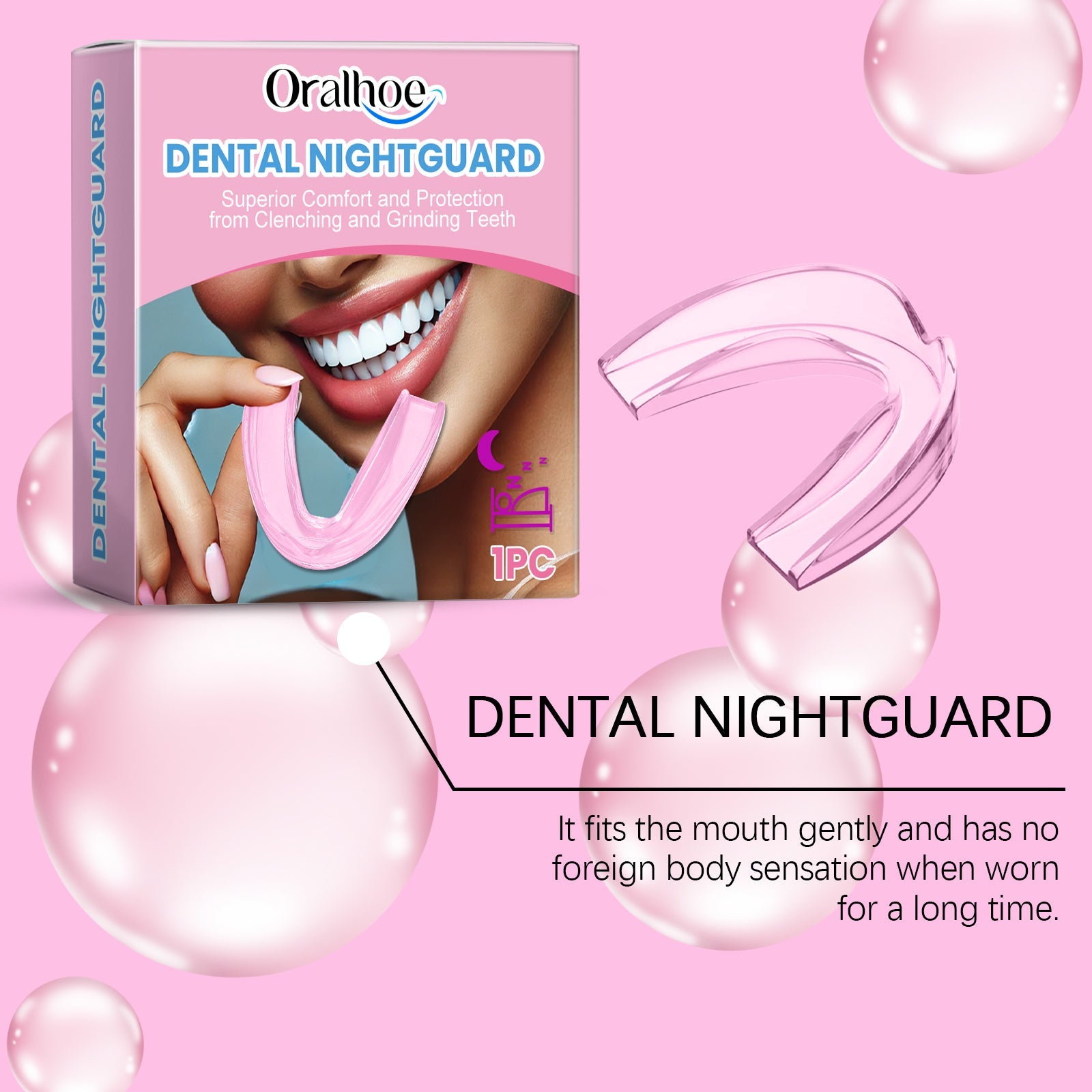 Packaging with product on pink background surrounded by pearl sphere accents
