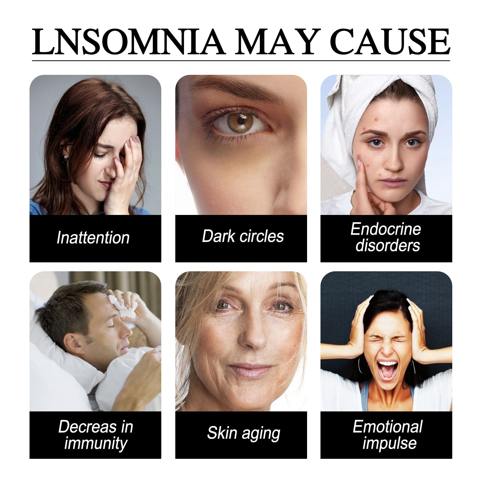 Lifestyle imagery showing woman sleeping peacefully with patch applied, before/after comparison inset showing tired expression vs. restful sleep state