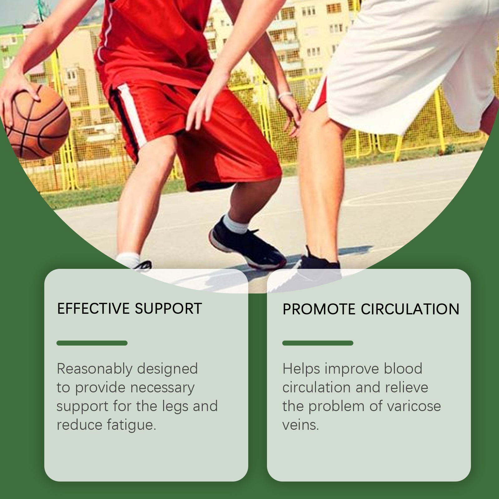 Basketball players wearing leg sleeves on outdoor court with text boxes highlighting effective support and circulation promotion