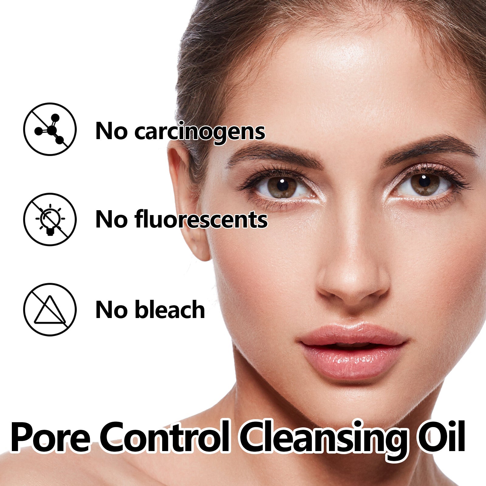 Young woman applying cleansing oil to face with bold 'PORE CONTROL CLEANSING OIL' text overlay