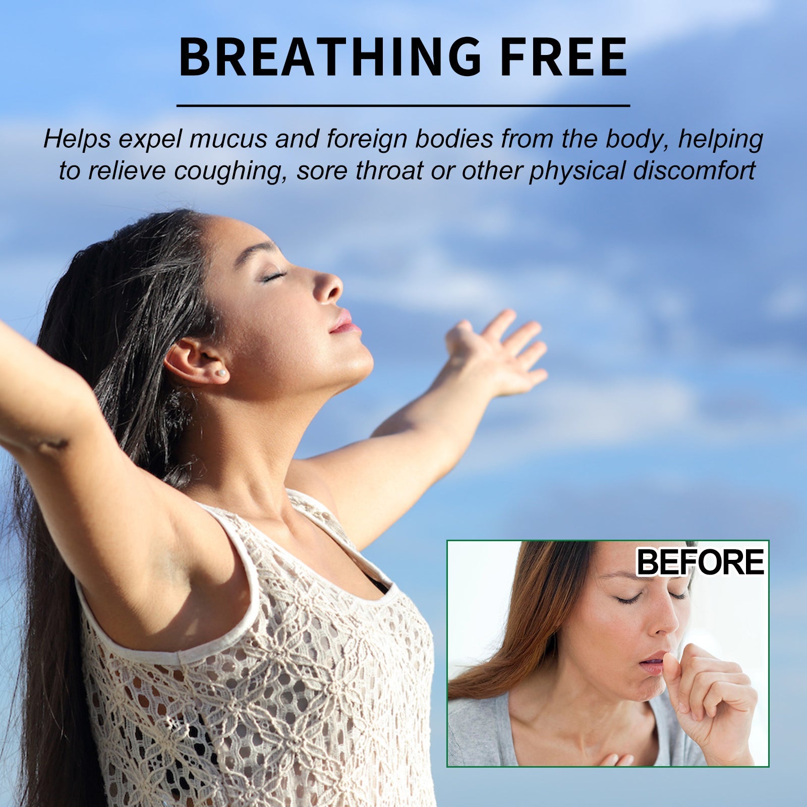 Woman breathing freely outdoors with arms raised against blue sky (after), inset shows woman coughing before treatment
