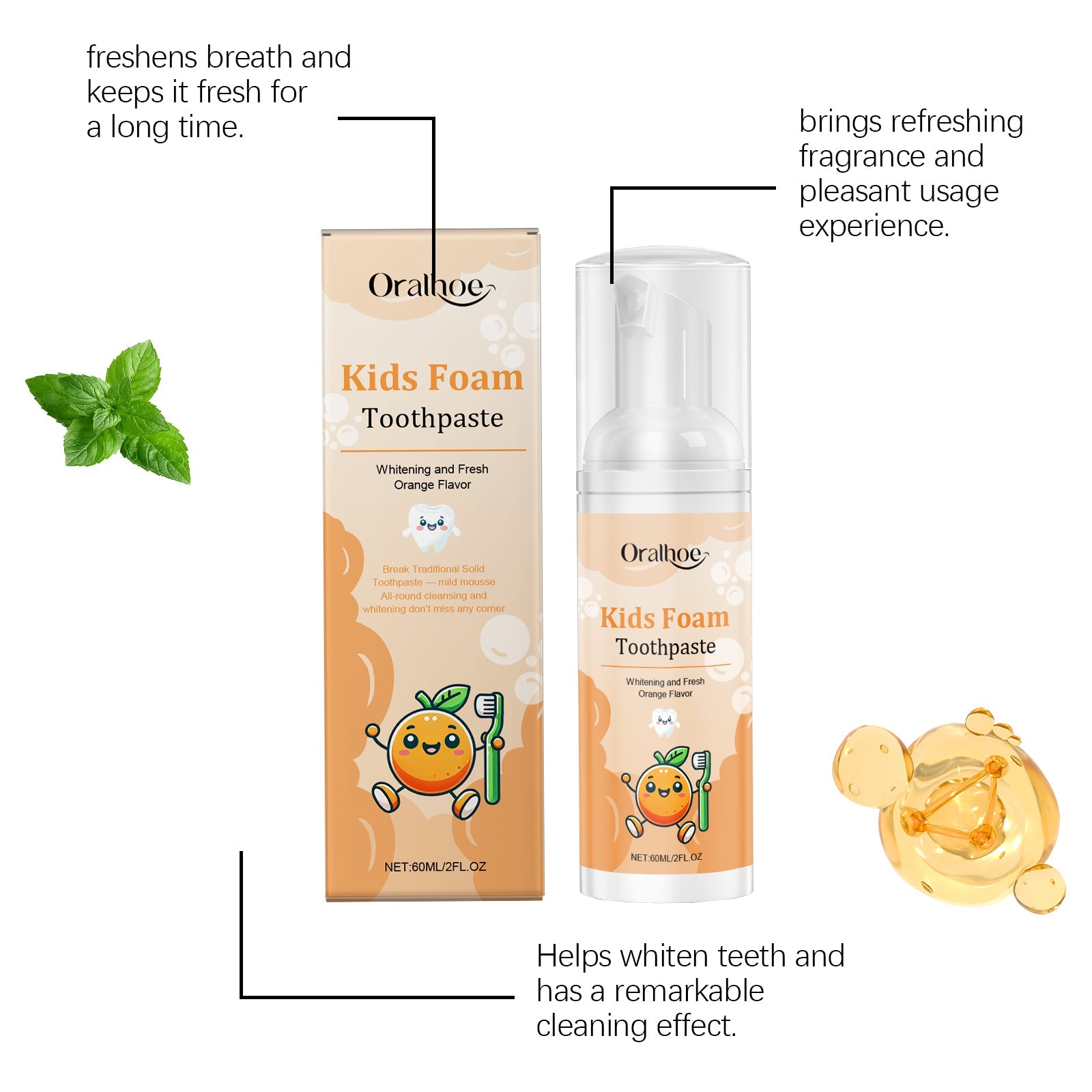Product with mint leaves and golden oil droplets illustrating natural ingredient story and orange flavor positioning