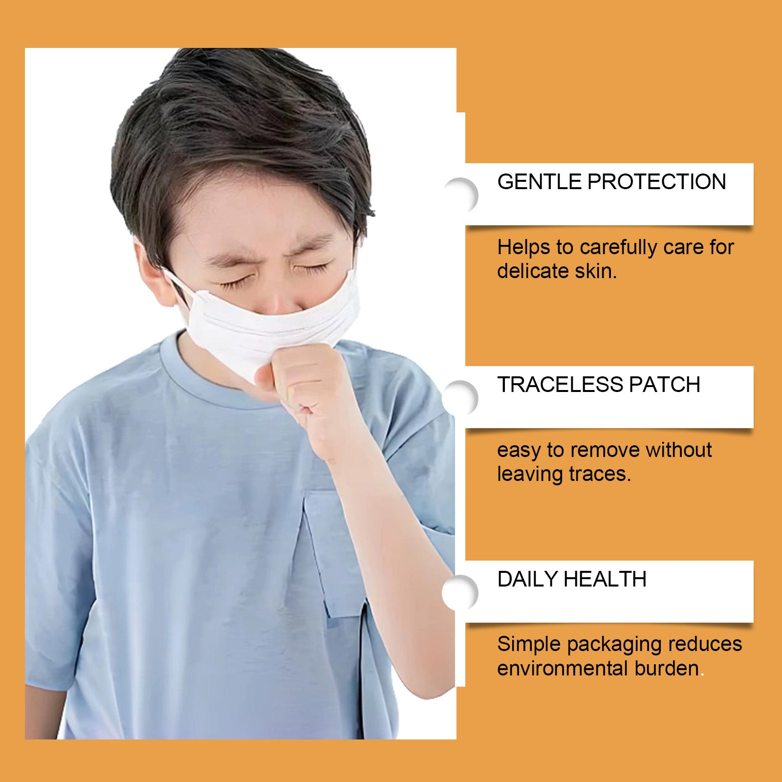 Young woman coughing with visible discomfort, surrounded by herbal ingredient icons (apples, cordyceps, herbs, cinnamon, cardamom)