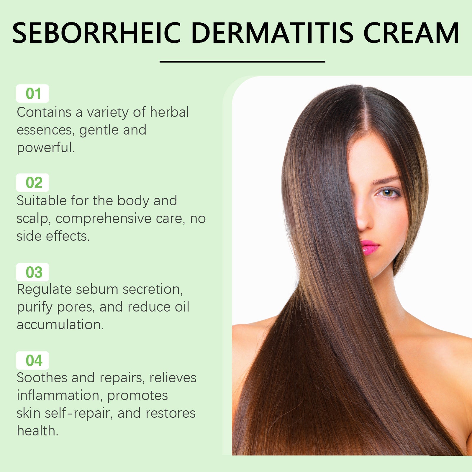 Infographic layout with four numbered benefit claims (01-04) alongside portrait of woman with healthy, shiny hair