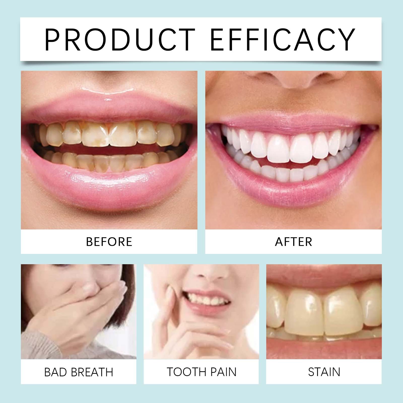 Grid showing before-and-after tooth whitening results plus problem scenarios including bad breath, tooth pain, and stain