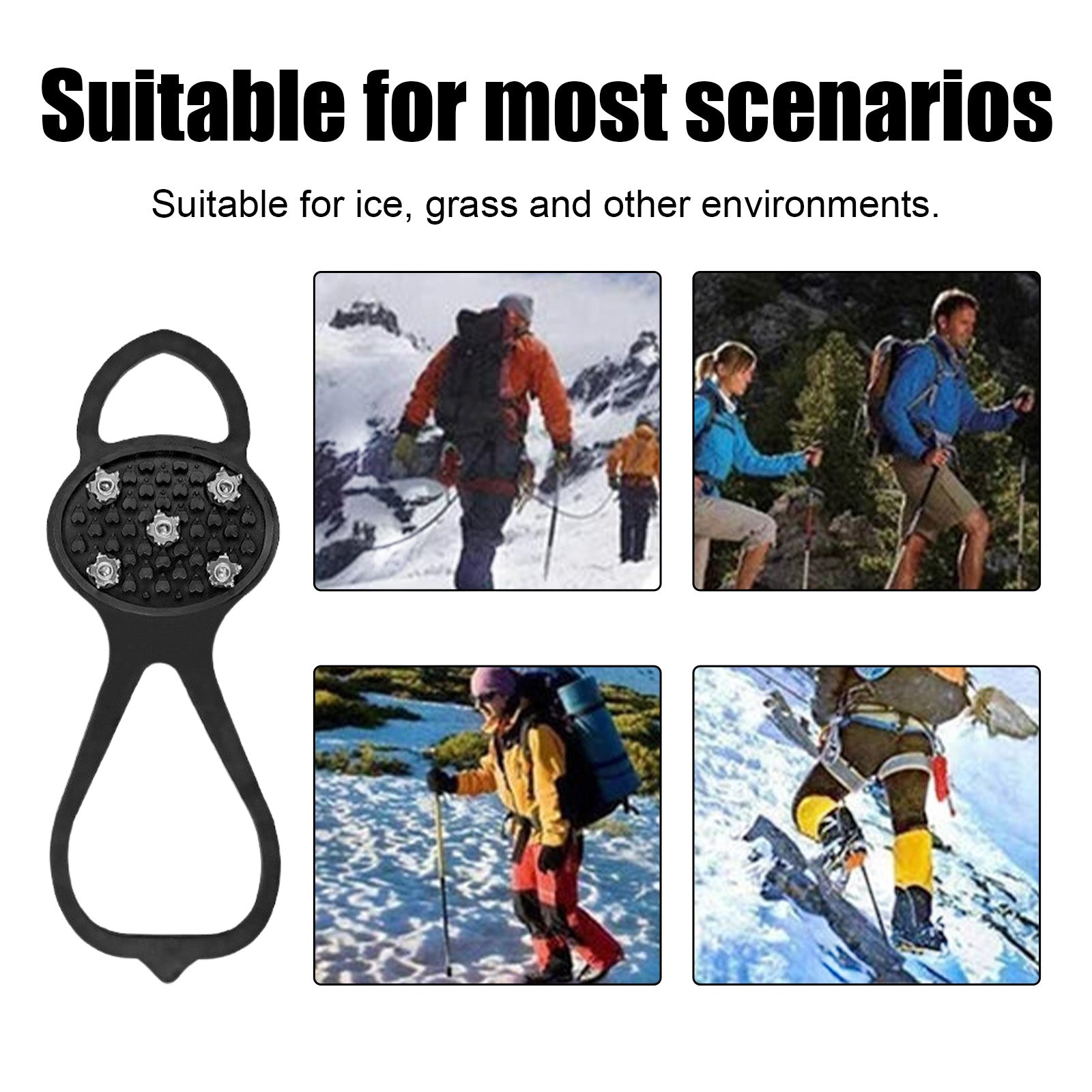 Split image showing icy boot print before and after crampon application, with two people jogging in snowy mountain terrain
