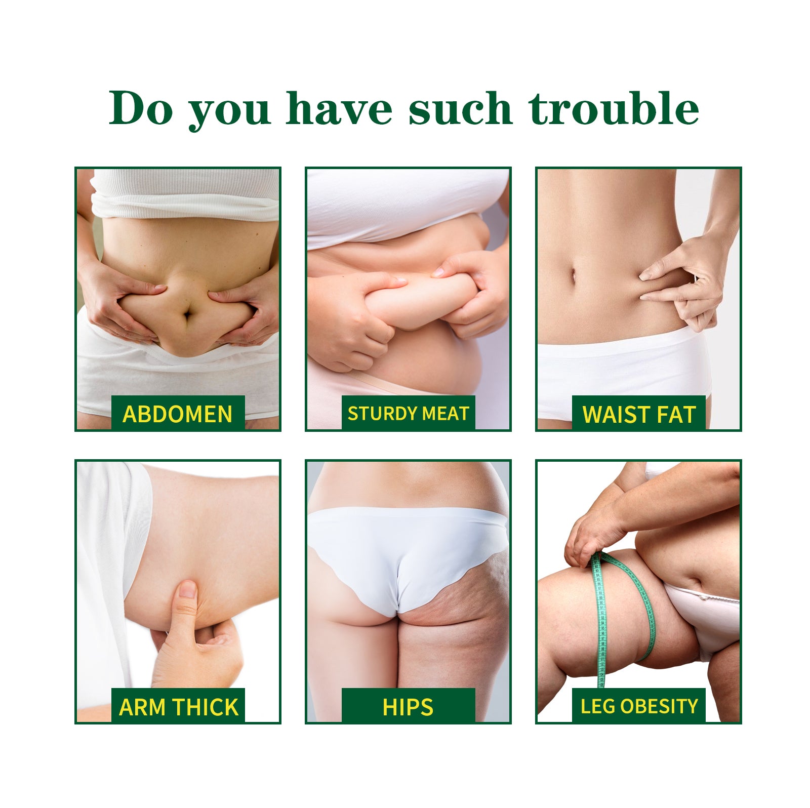 Six-panel grid showing problem body areas: abdomen with fat rolls, sturdy thighs, waist fat, arm thickness, hip cellulite, leg obesity measurement