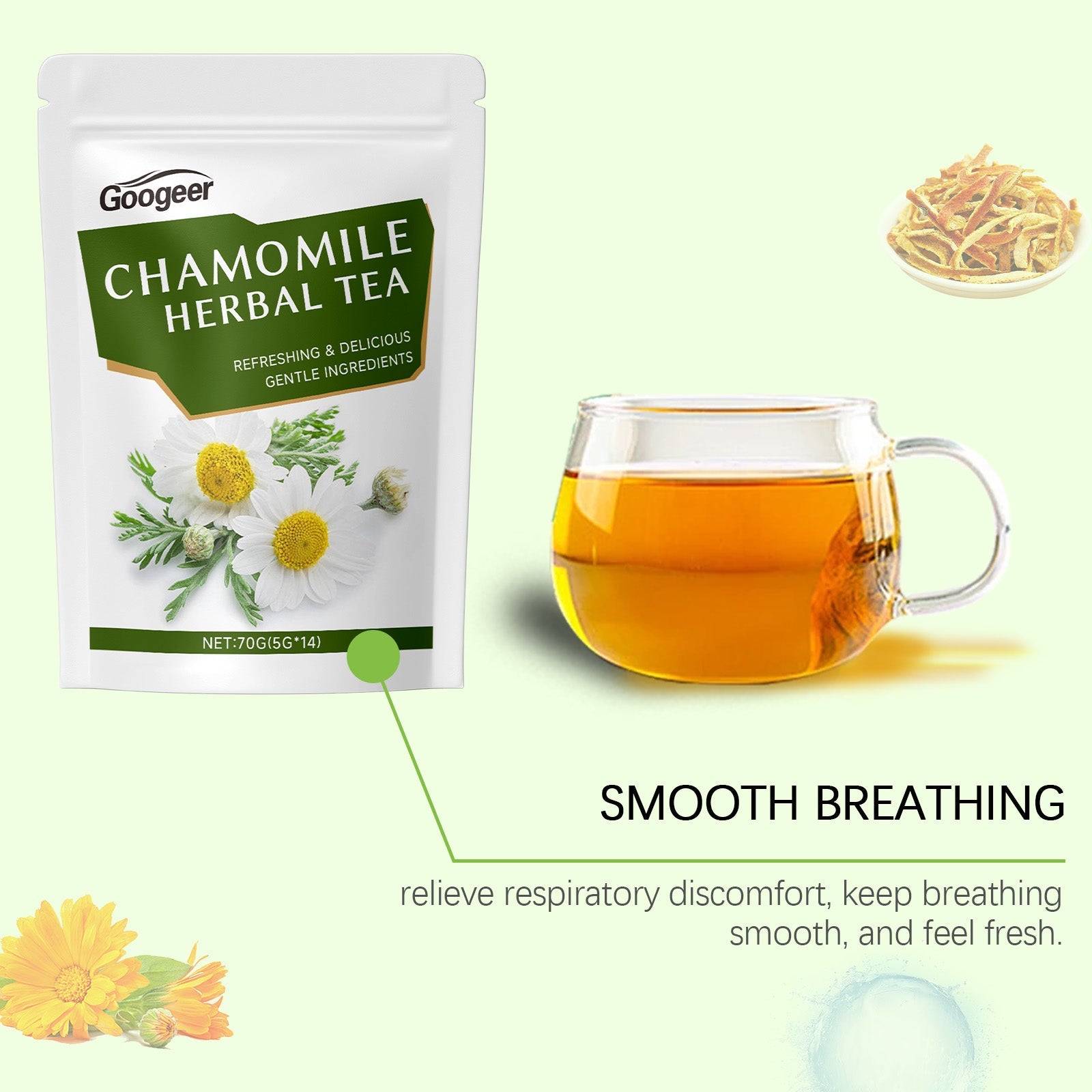 Product pouch alongside brewed tea in glass mug with dried herb ingredients and chamomile flowers displayed
