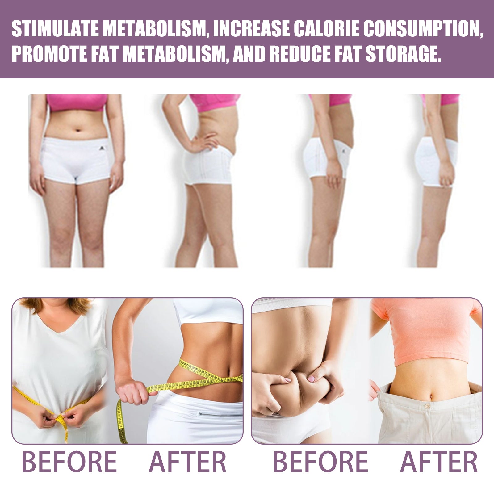 Woman measuring waist circumference with tape measure and before/after body transformation comparison
