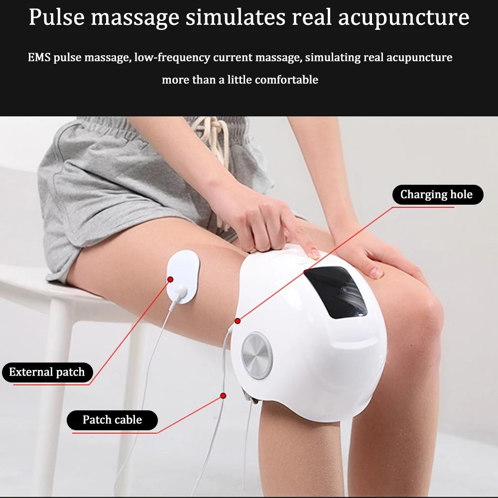Labeled diagram showing charging port, external electrode patches, and patch cable attached to knee during EMS therapy session