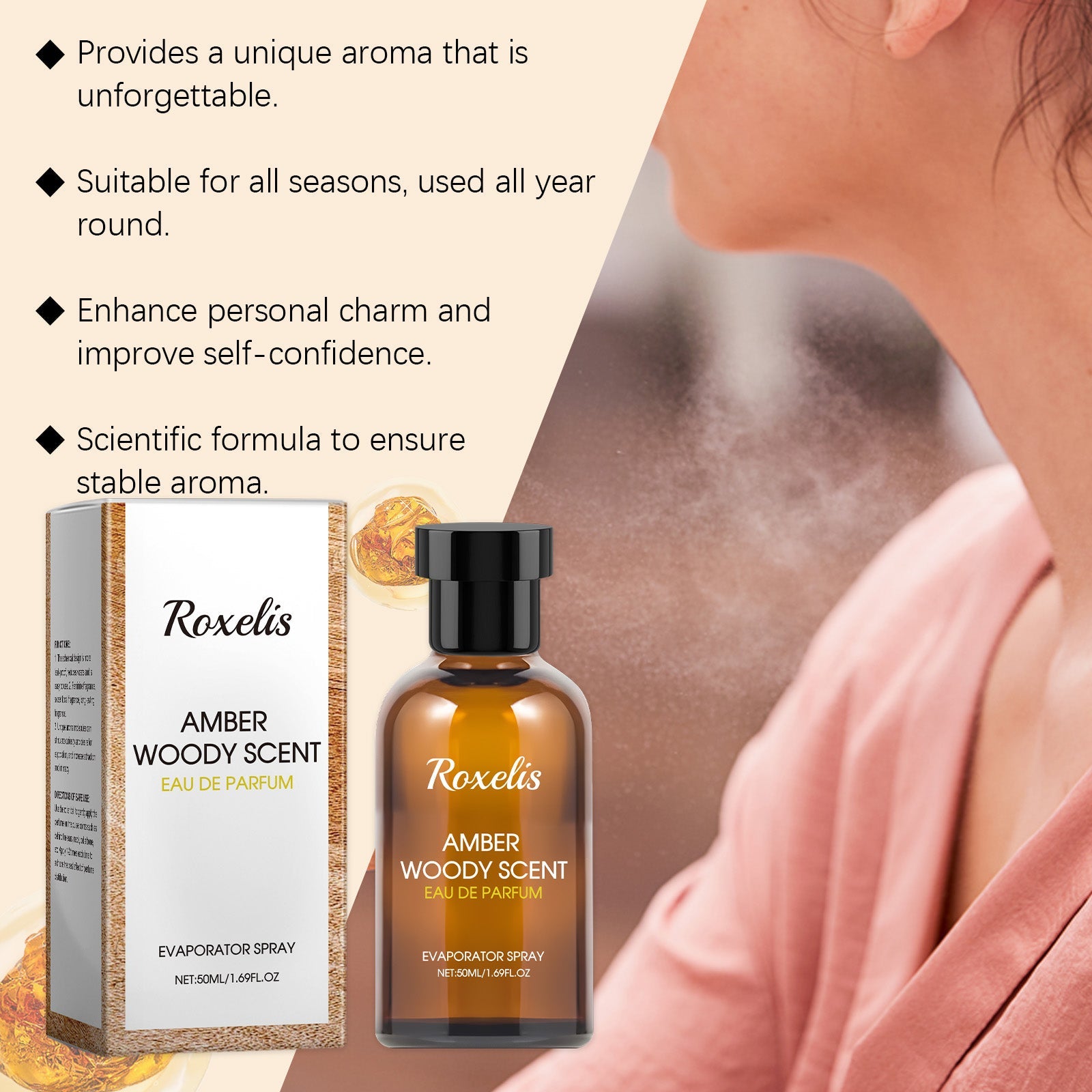 Close-up detail shot showing fragrance bottle and packaging with product benefits listed: unforgettable aroma, all seasons use, personal charm enhancement, scientific formula