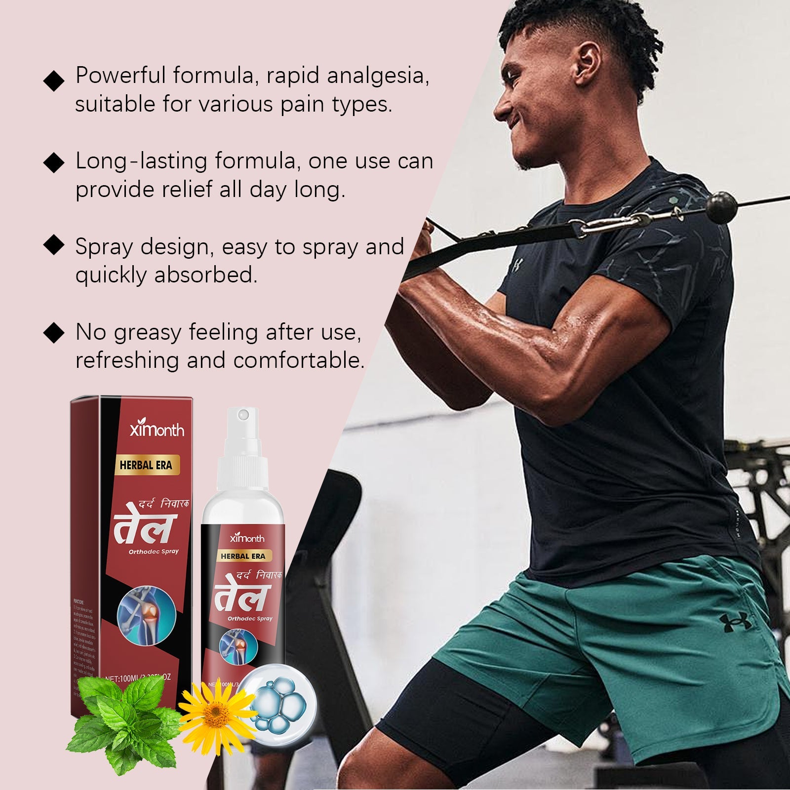 Man performing fishing stance with bulleted claims about formula power, long-lasting effects, spray design, and non-greasy properties