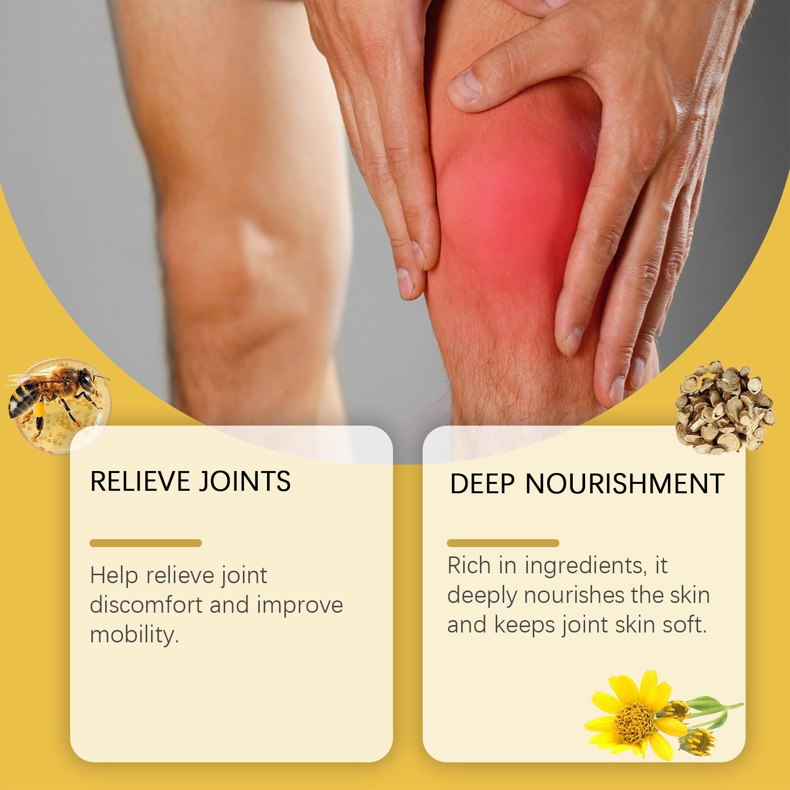 Split-screen composition with yellow diagonal banner listing four key benefits on left; hands applying cream on right with product packaging visible