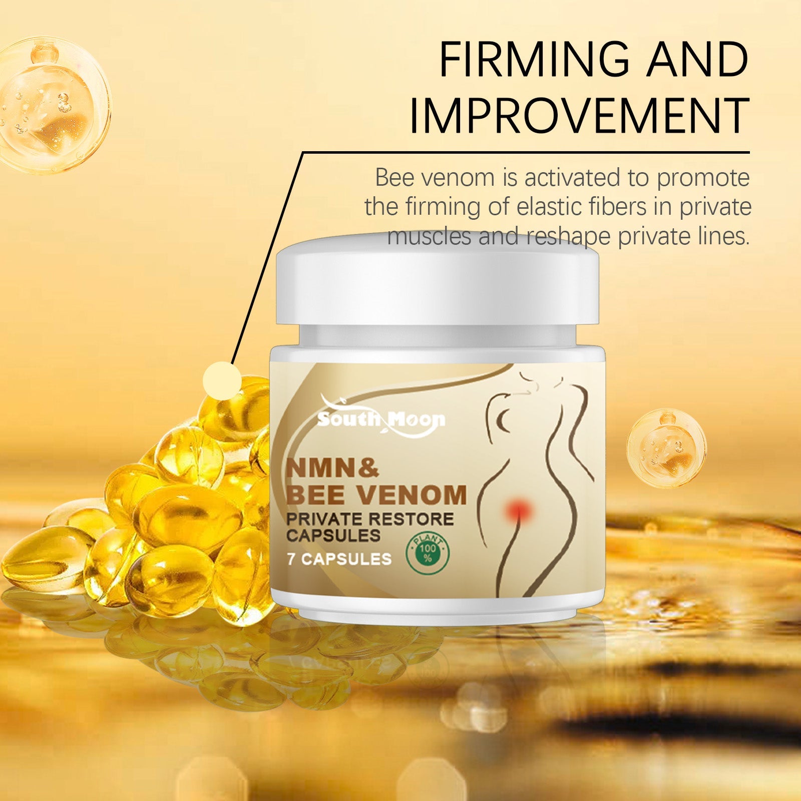 Product jar surrounded by golden amber capsules in liquid serum, with text 'FIRMING AND IMPROVEMENT' and bee venom benefit description