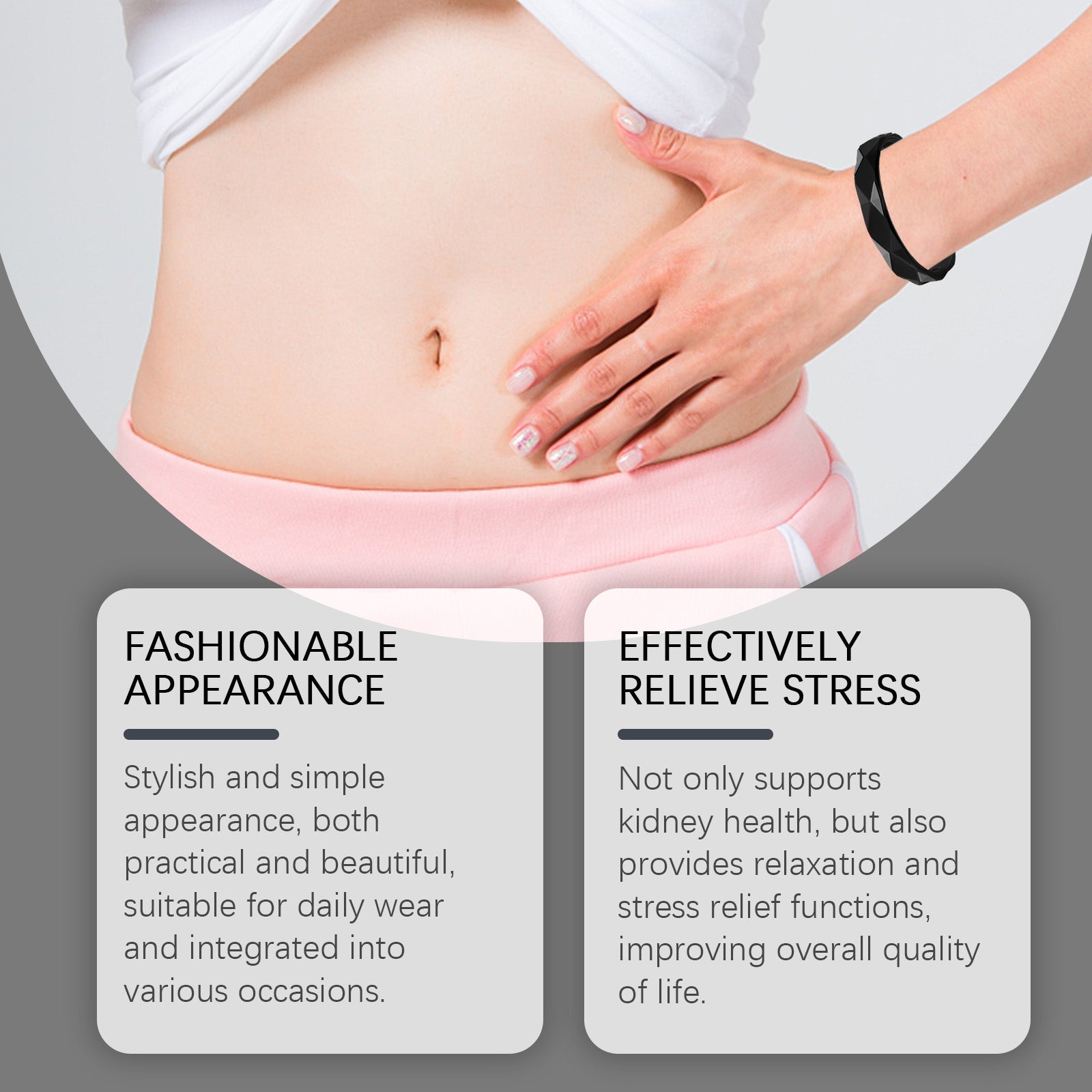 Woman wearing white shirt displaying HOUKEA bracelet with close-up of stomach area and two benefit callout boxes