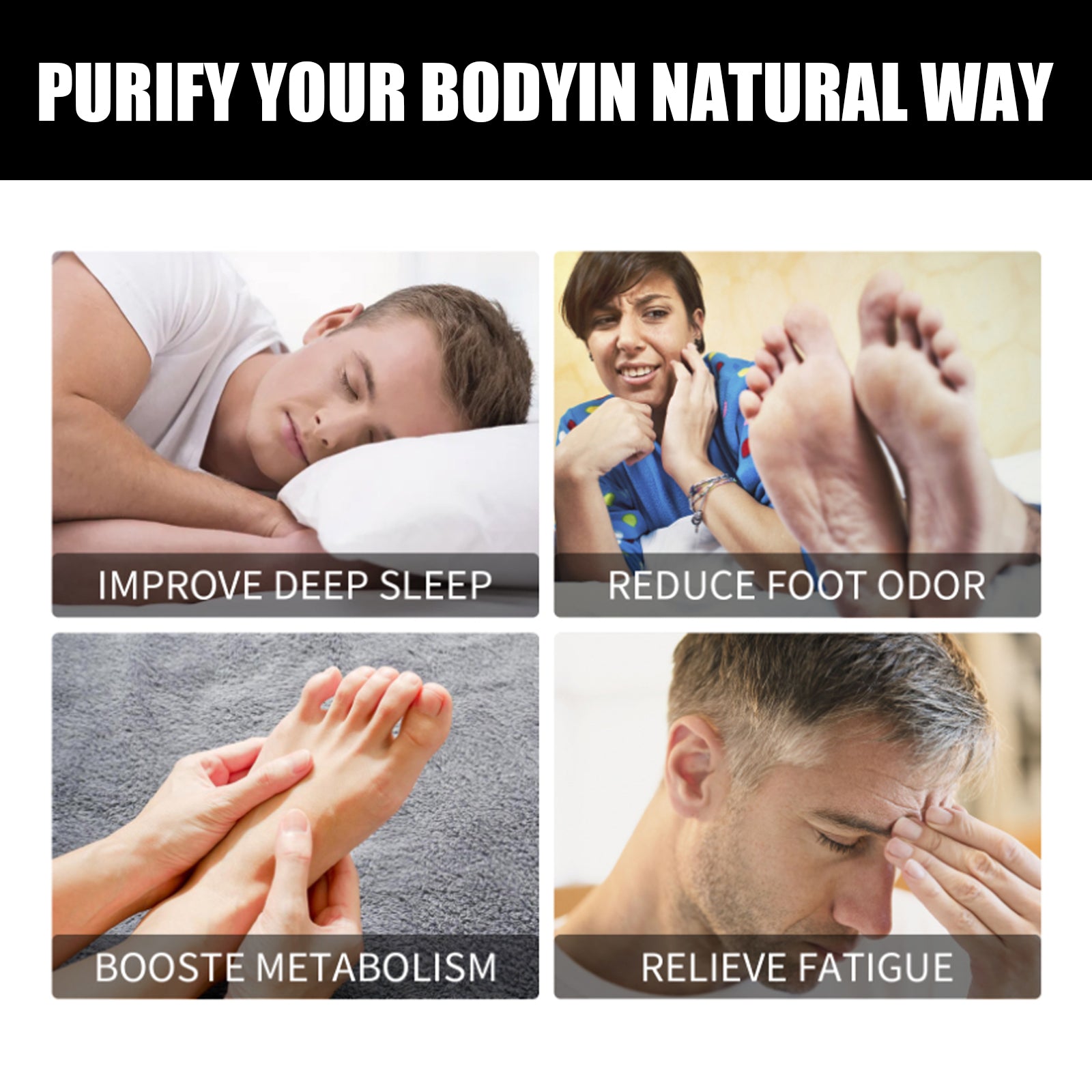 Feet wearing white foot patches demonstrating product application and fit