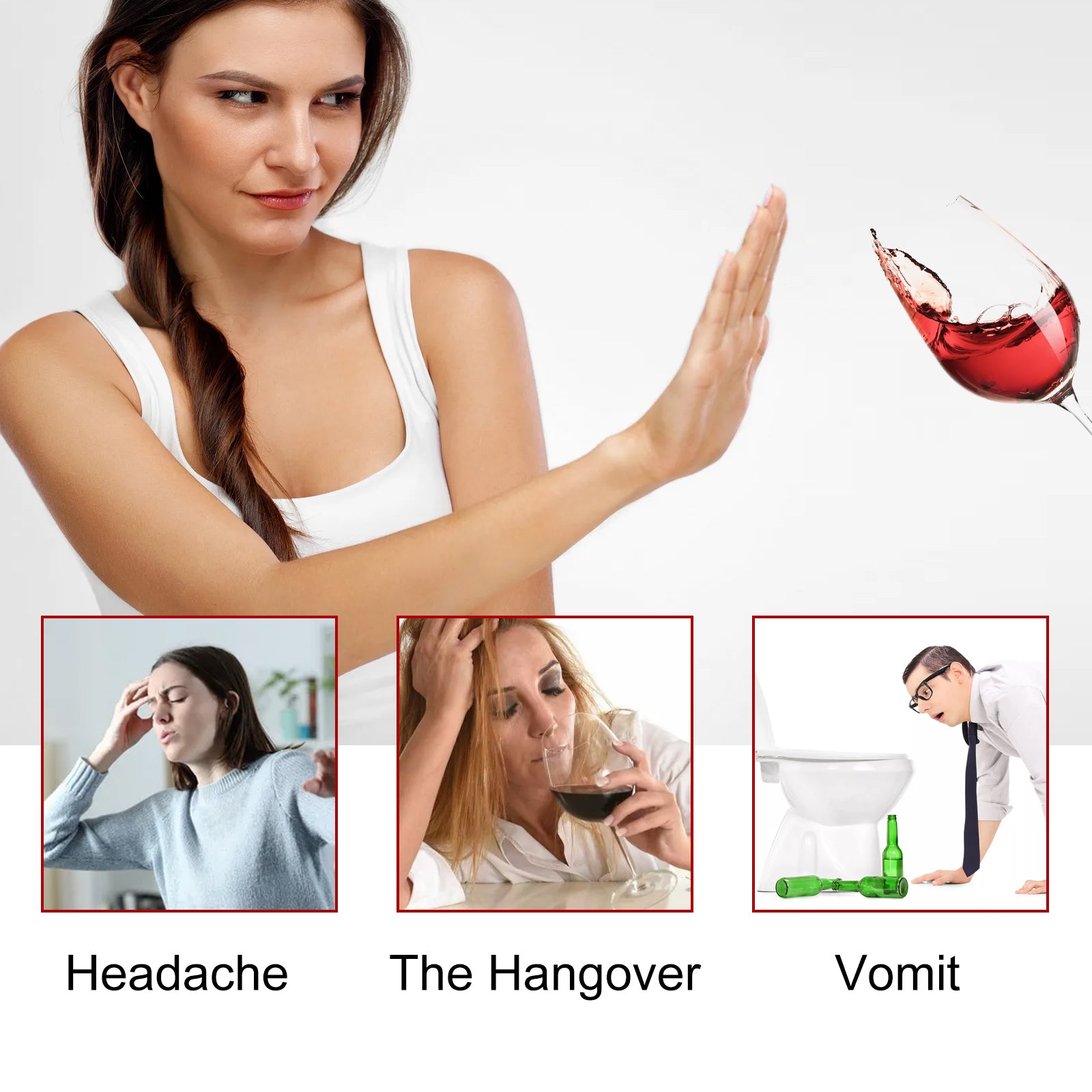 Woman rejecting a glass of red wine with hand raised in refusal gesture