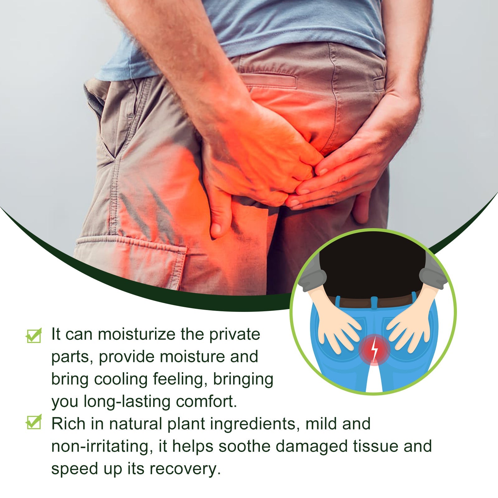 Visual representation of pain relief transformation showing red/inflamed area transitioning to calm with clinical diagram explaining moisturizing and cooling mechanism