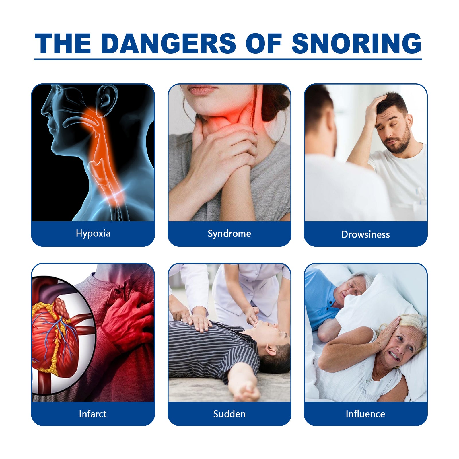 Multiple before/after scenarios showing couples and individuals experiencing improved sleep quality with and without strips