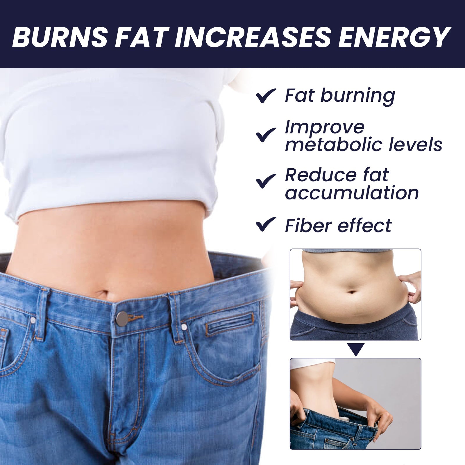 Comparison imagery with headline 'BURNS FAT INCREASES ENERGY' showing belly reduction progression and checkmarks for benefits