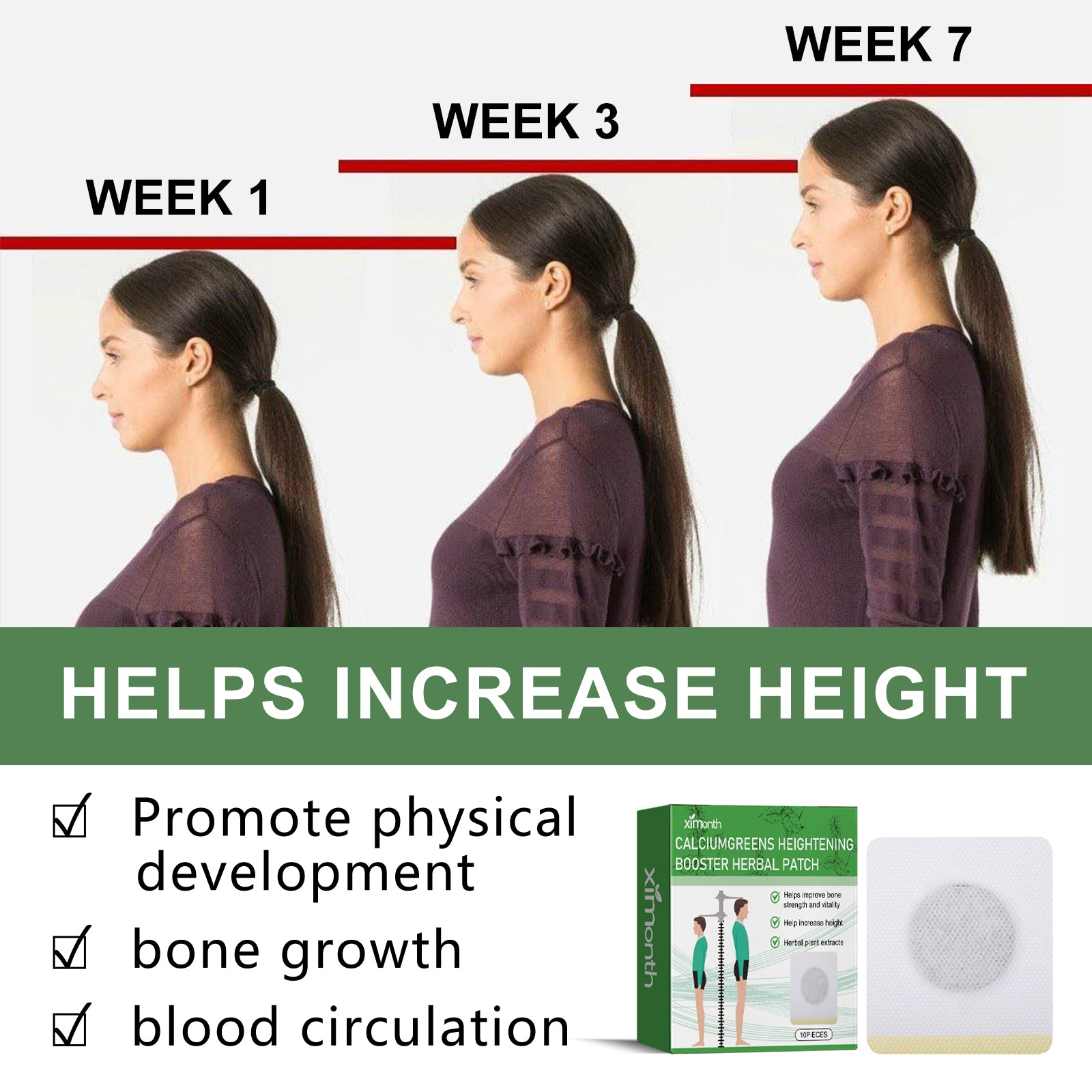 Progressive 7-week timeline showing female silhouette from side profile at Week 1, Week 3, and Week 7 with increasing height perception