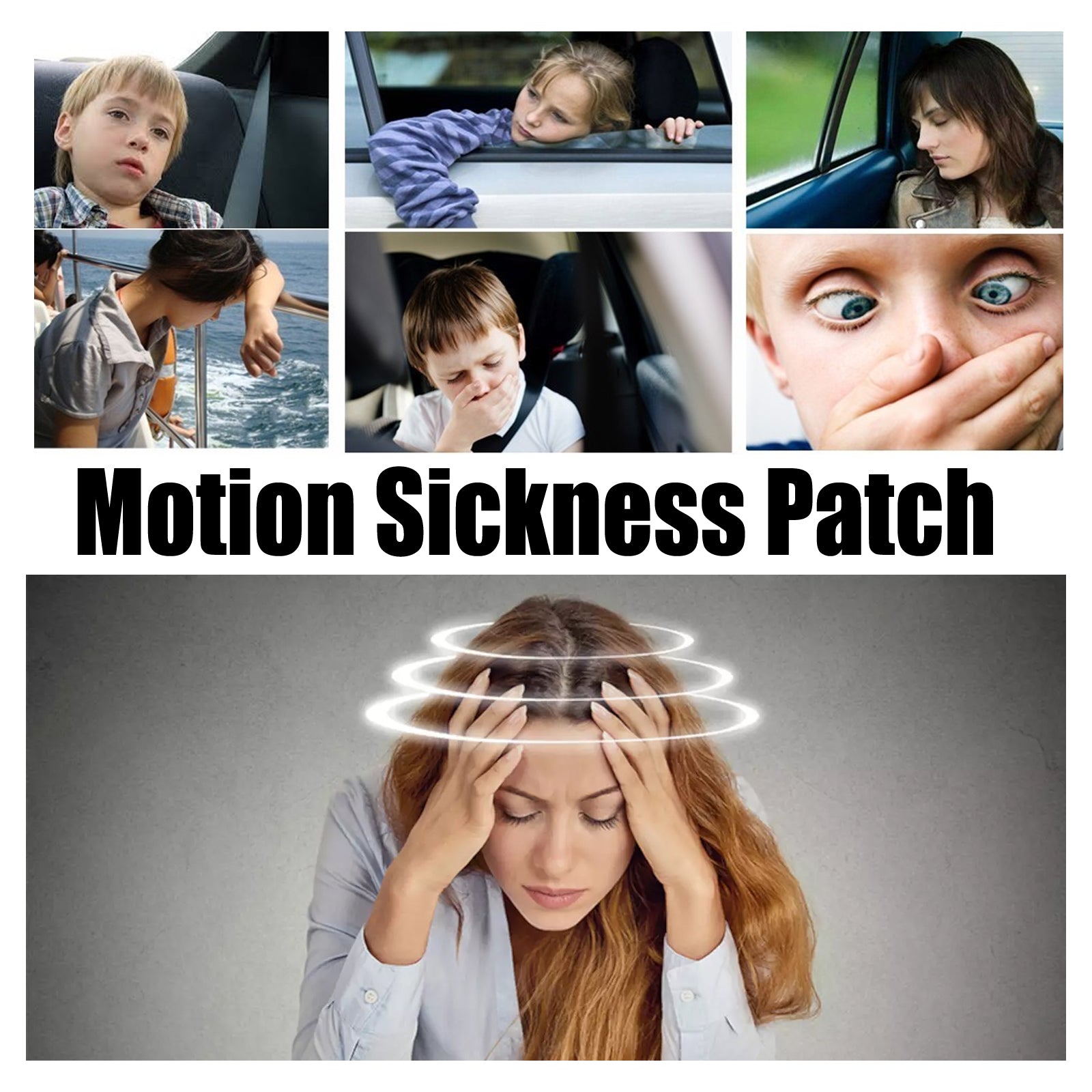 Collage of six scenarios: children in cars, boats, on cruises; adult on boat; child feeling sick with visible distress; woman with dizziness visualization