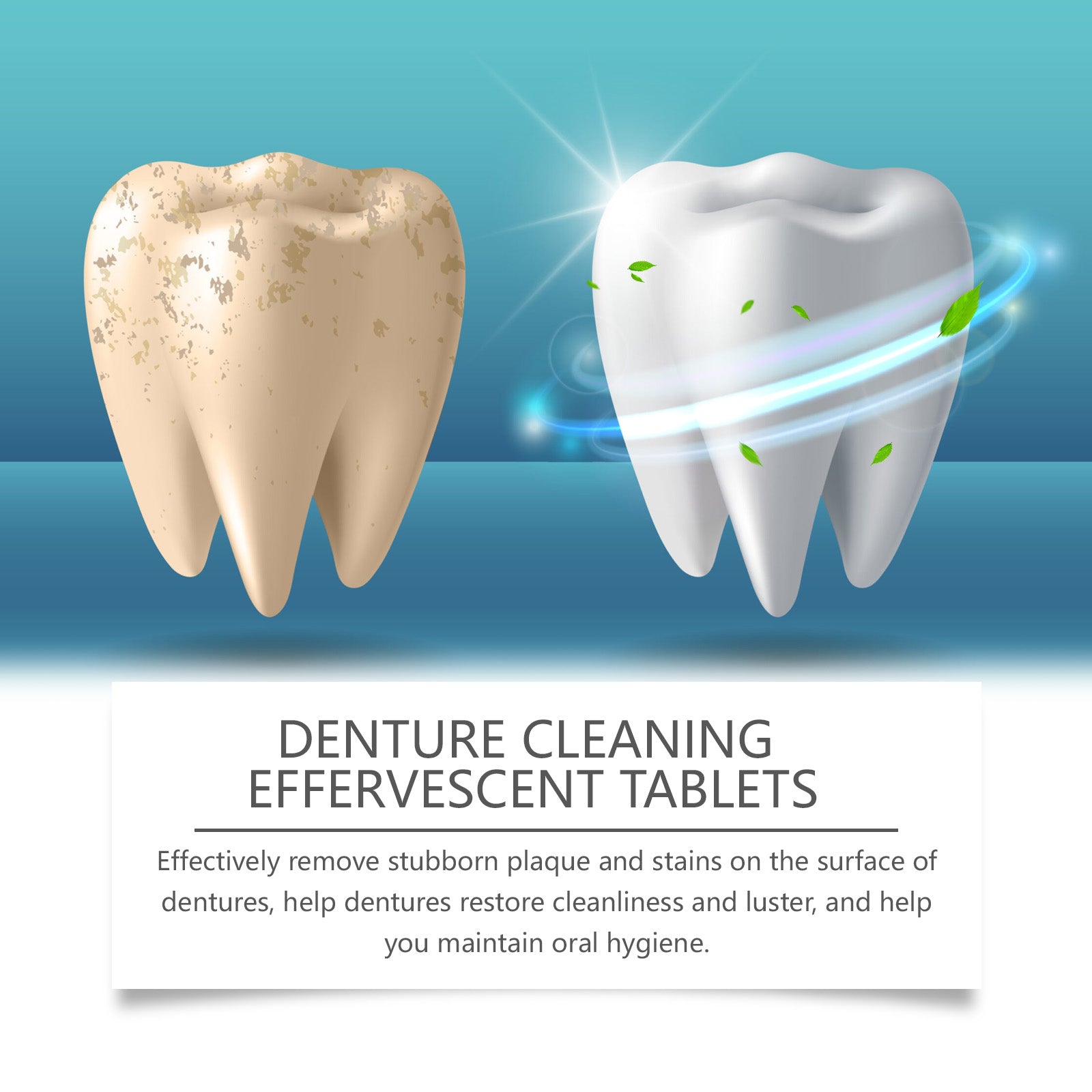Split-screen comparison of dirty yellow denture versus sparkling clean white denture with effervescent action visualization