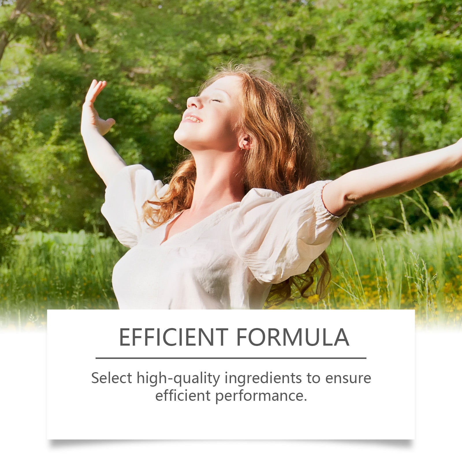Woman in white shirt with arms outstretched in nature with green foliage background, eyes closed in relief and vitality