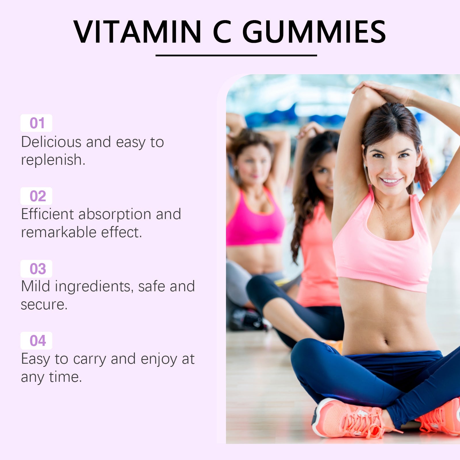 Numbered benefits list (01-04) with fitness class imagery showing women exercising