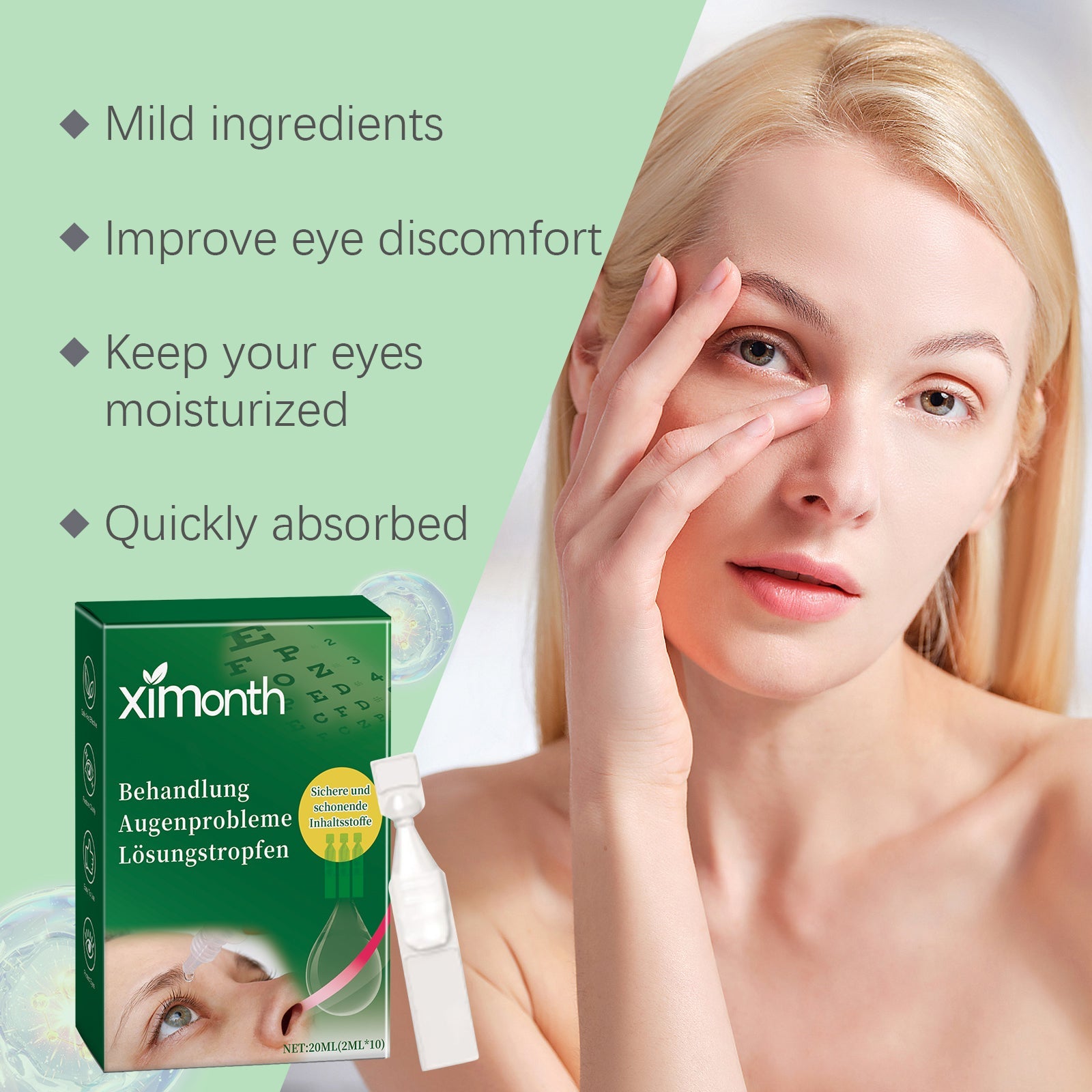 Young woman touching eye area with text listing mild ingredients, improved discomfort, and quick absorption benefits