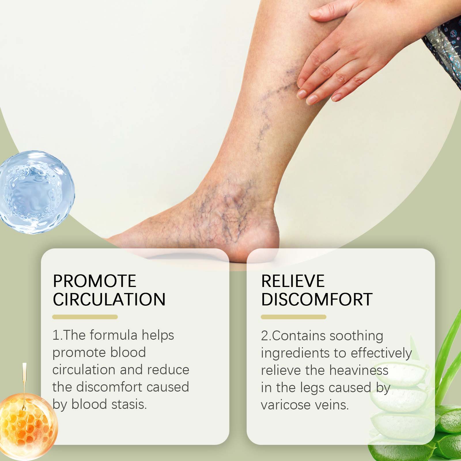 Leg with visible varicose veins alongside benefits text boxes