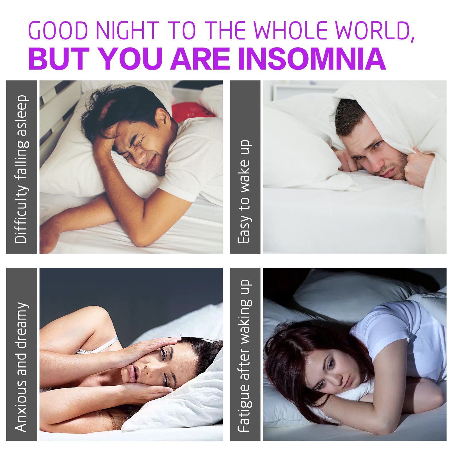 Four-panel grid showing insomnia pain points and solution outcomes