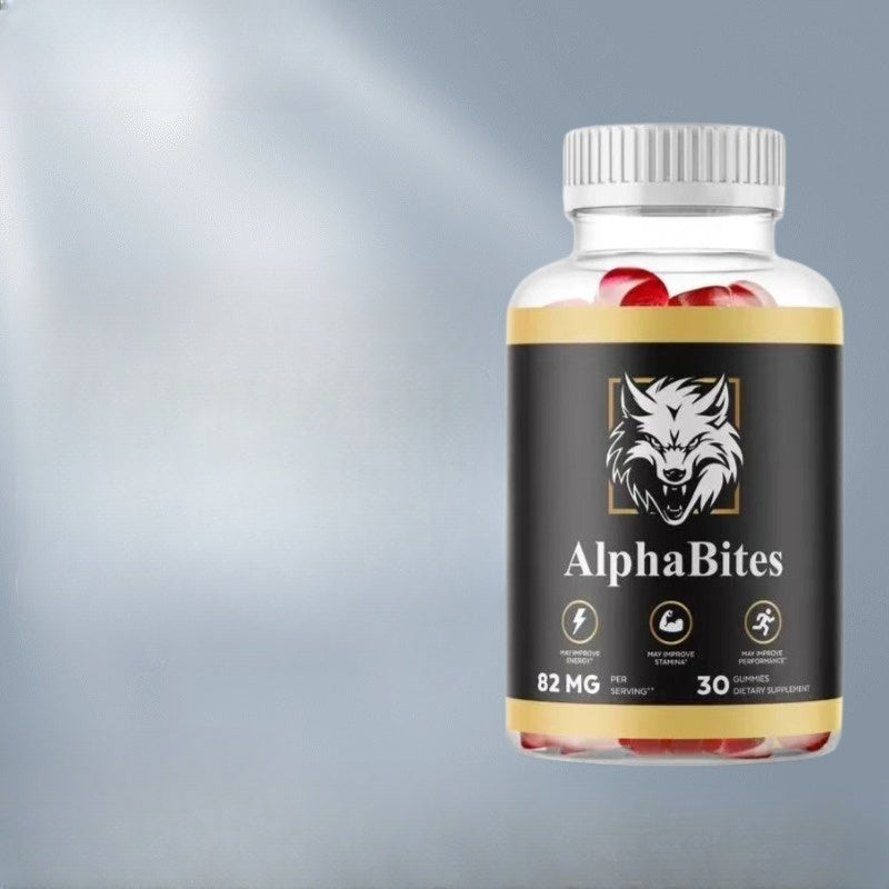 Single AlphaBites bottle against light blue-gray background with professional studio lighting